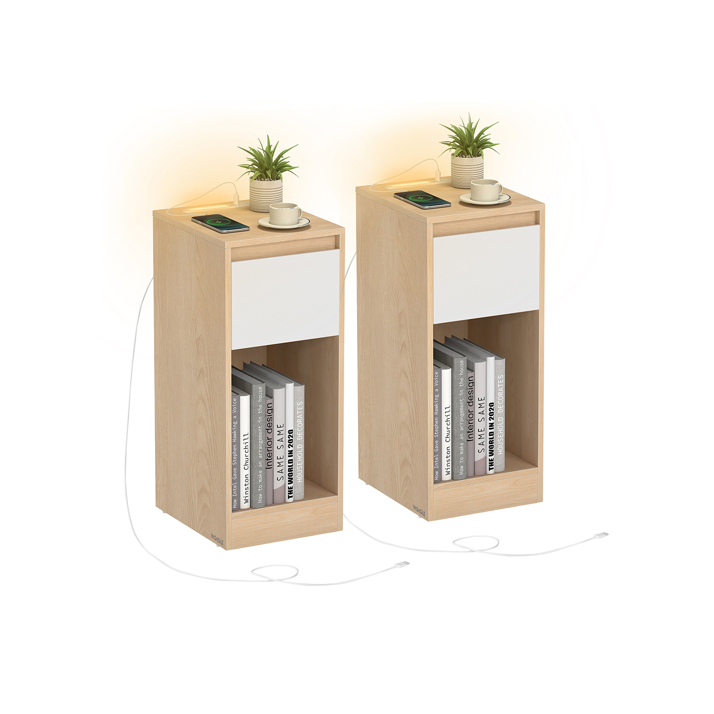 Side Table - VERRO Record Player Stand Vinyl Storage 3 Tier Oak - Beige