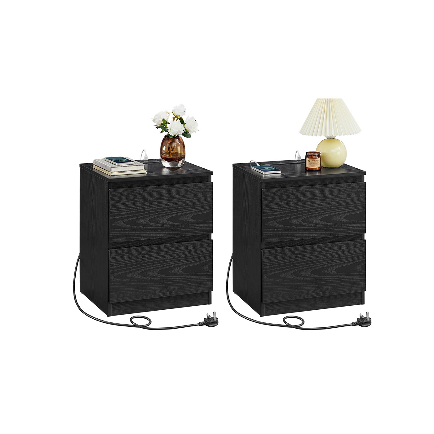Nightstands - ZARZA KAILYN Collection Set of 2 with Charging Station - Ebony Black