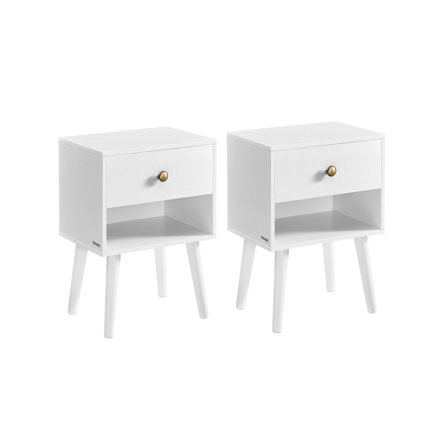 Bedside Tables - ZARZA Set of 2 with Drawers and Solid Wood Leg - White