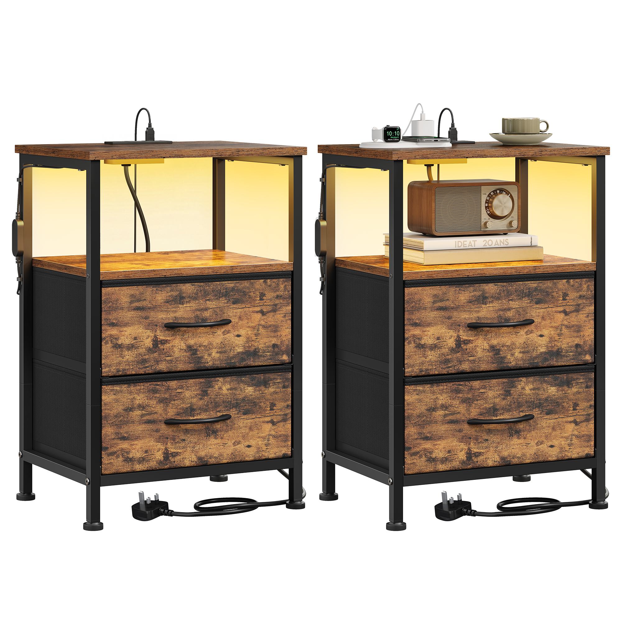 NEWOAK Set of 2 Bedside Tables with LED Lights - Rustic Brown