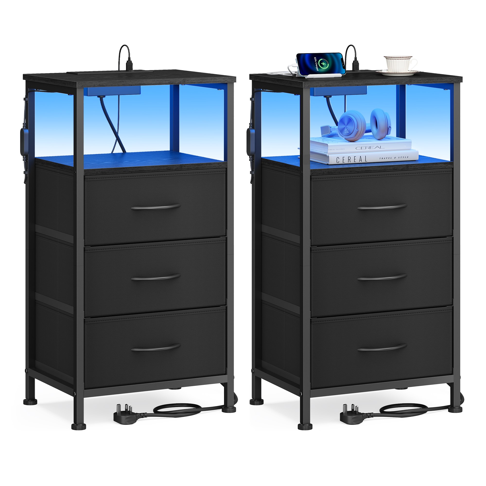 NEWELM Set of 2 Bedside Tables with 3 Drawers and Charging Station - Ink Black