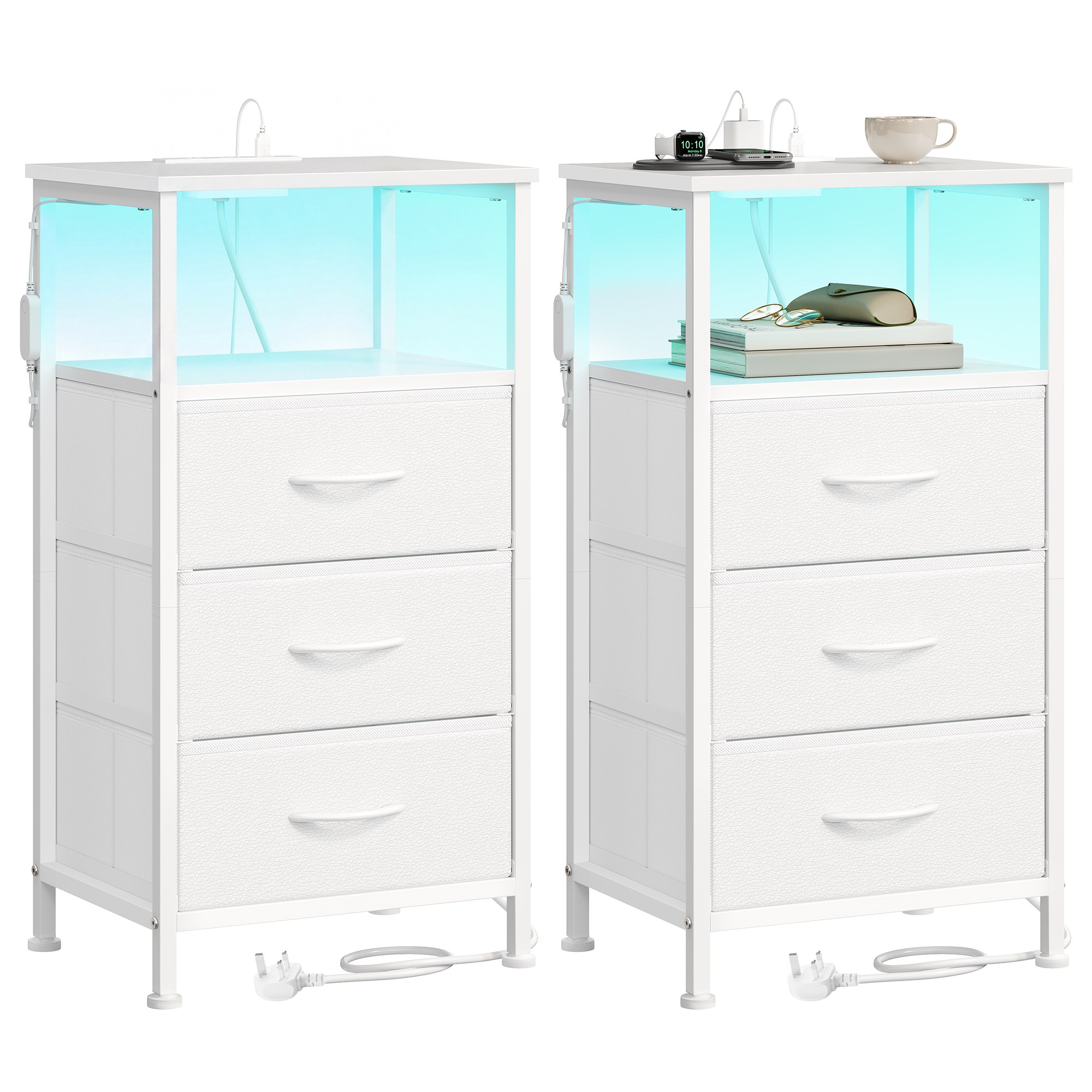 NEWELM Set of 2 3 Drawers Bedside Tables with Charging Station - Cloud White