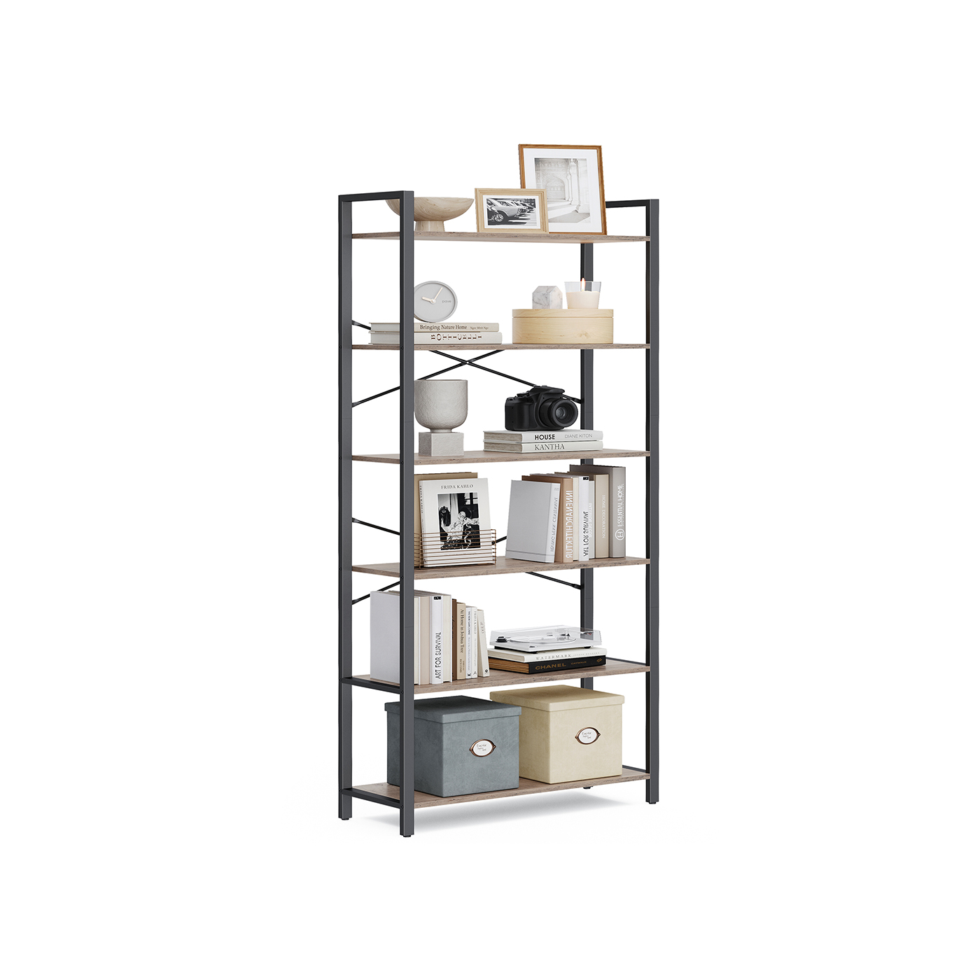 Bookshelf - NOVVAS 6 Tier Bookcase Shelving Unit - Black Natural