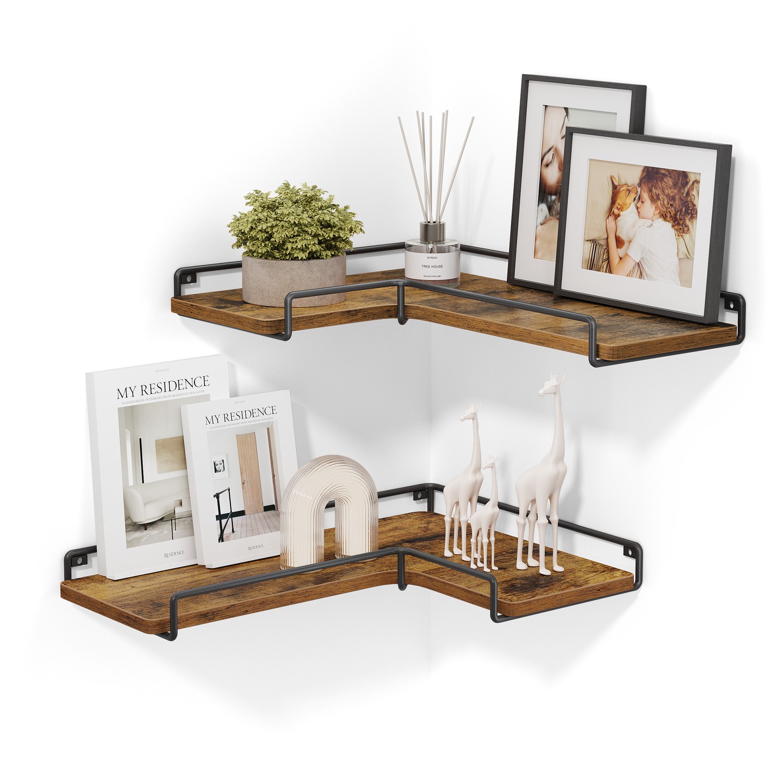 Corner Shelves - ARCRAH Industrial Floating L-Shaped Set of 2 Rustic Brown