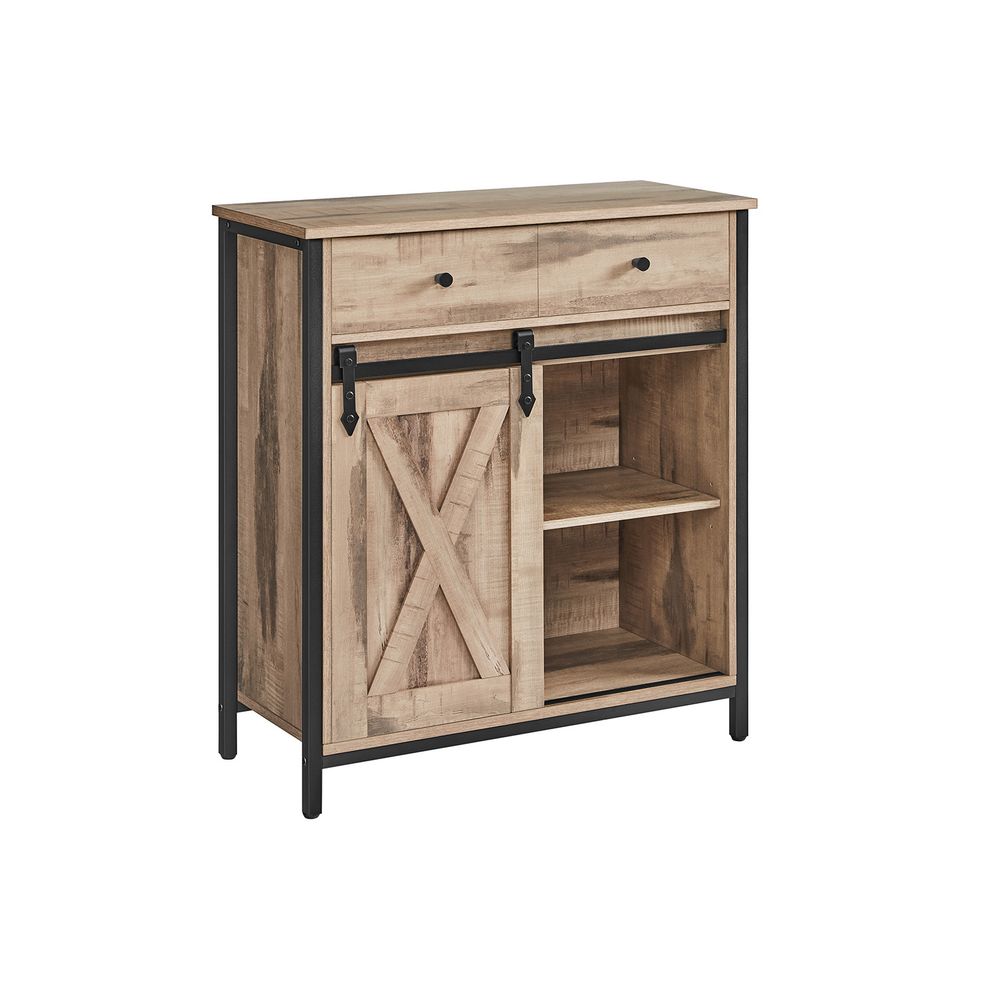 Kitchen Storage Cabinet - MODRO Freestanding Kitchen Cupboard with Sliding Barn Door - Toasted Oak