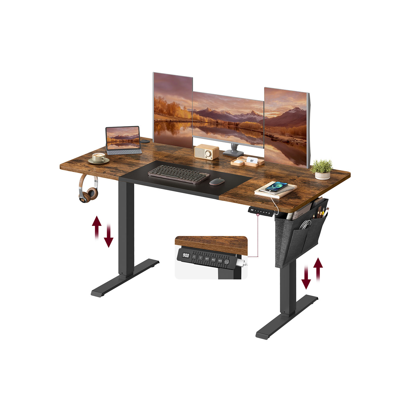 Computer Desk - MODNZA Electric Height Adjustable with Storage Pocket Vintage Brown
