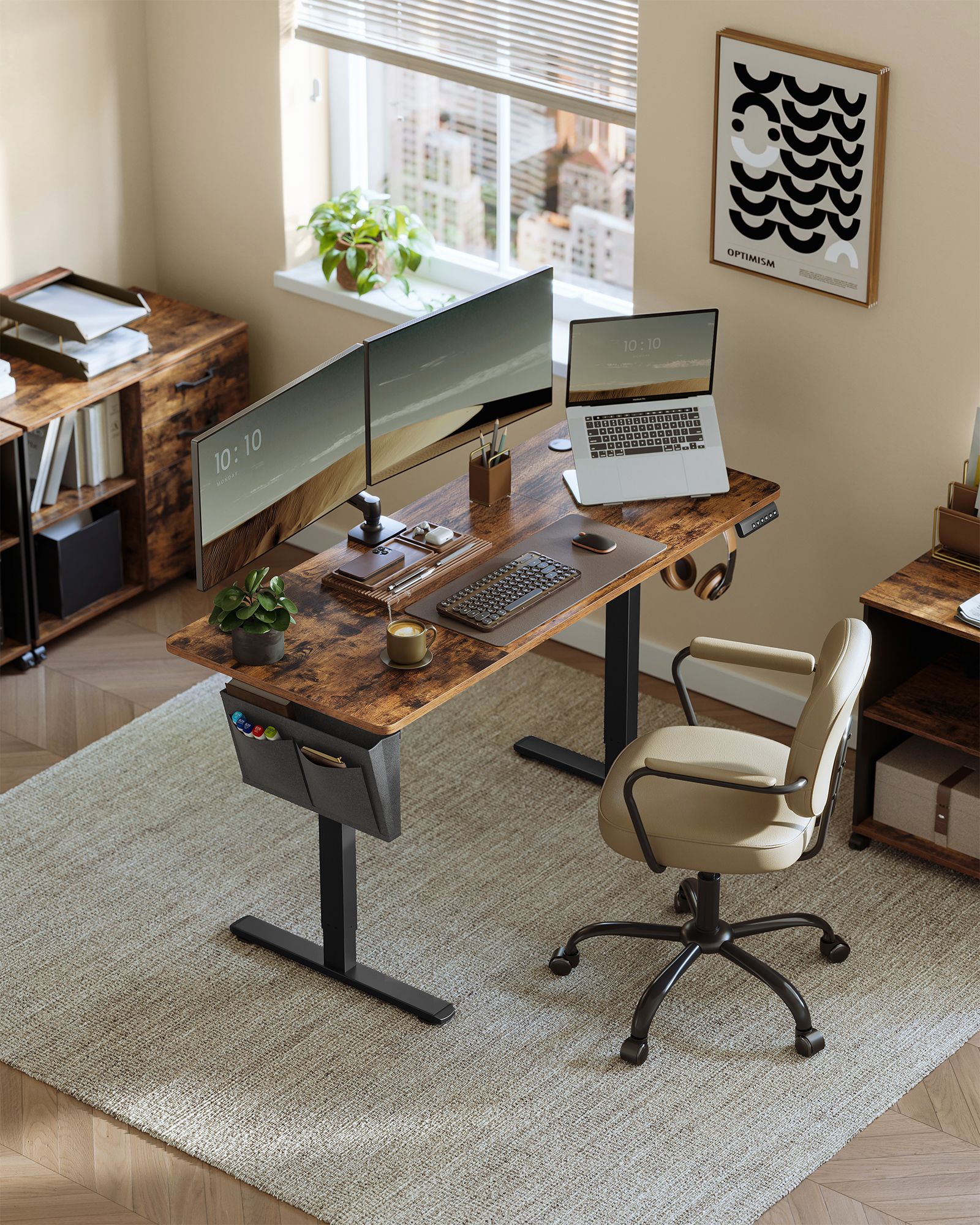 Computer Table - ASTNOS Height Adjustable Rustic Brown Desk 140cm - Rustic Brown