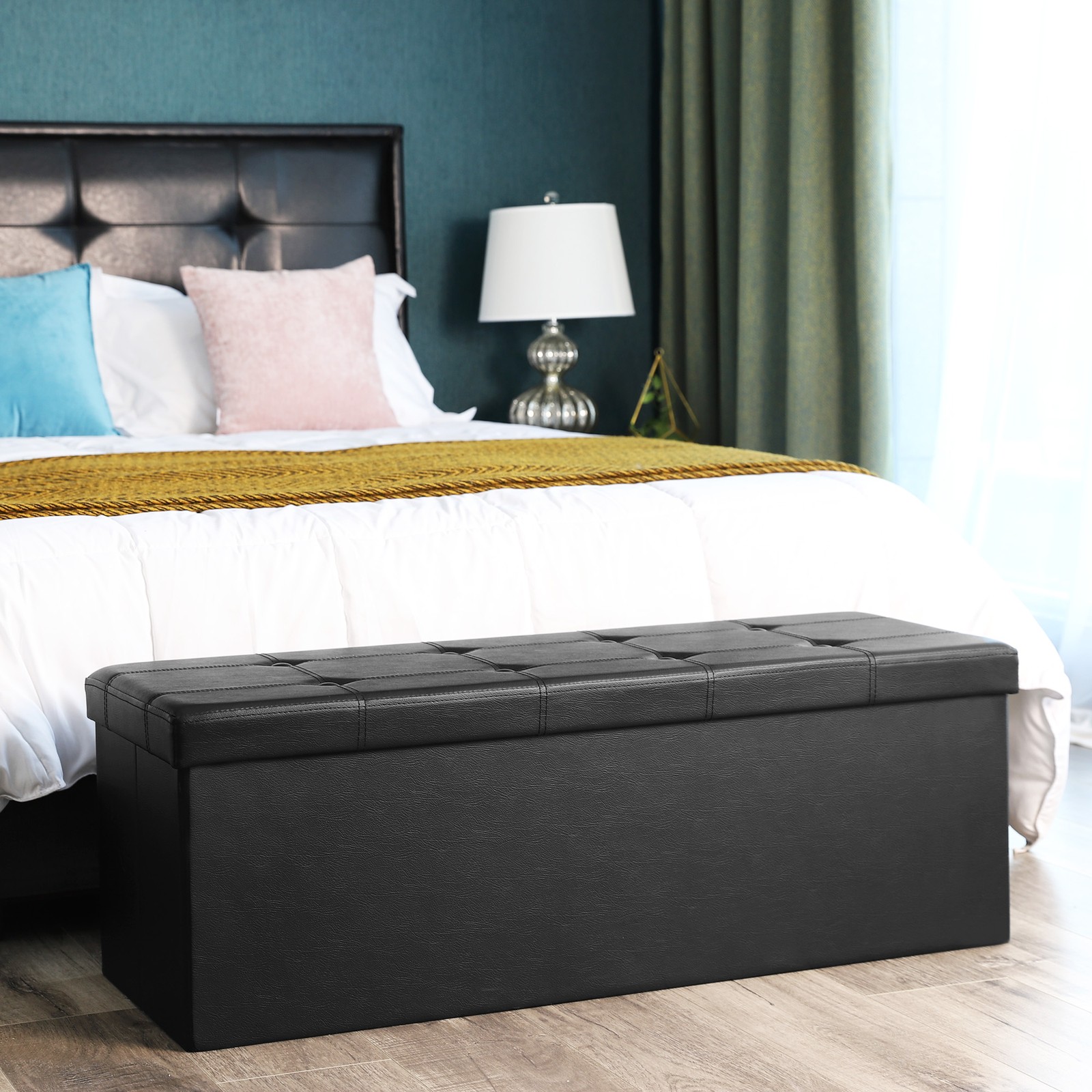Ottoman Seats - MONNA Foldable Cube Storage Ottoman with 300kg Capacity - Black
