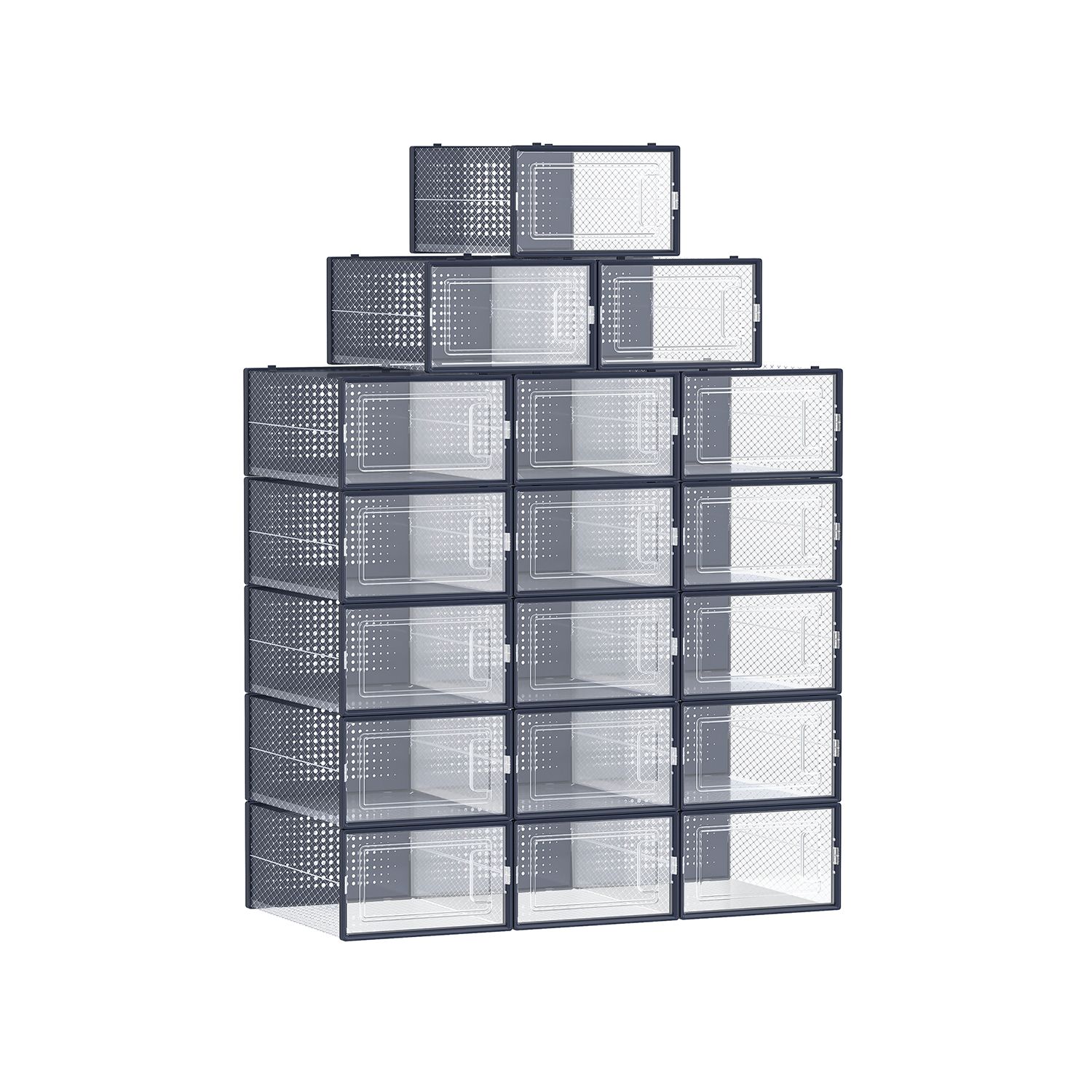 18-Pack Stackable Plastic Shoe Boxes Transparent and Charcoal Blue
