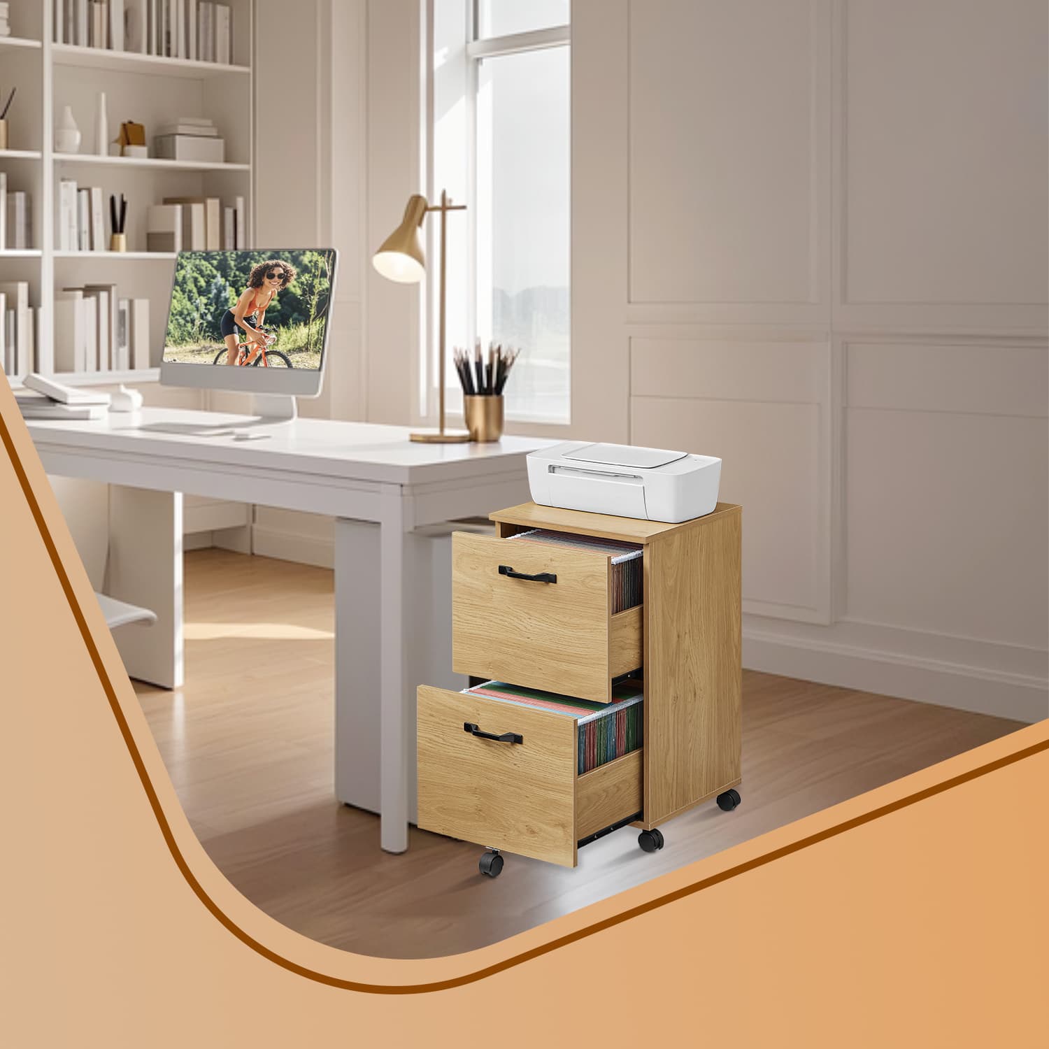 File Cabinet - LUSNA 2 Drawer Rolling Printer Stand with Hanging Rail - Straw Yellow
