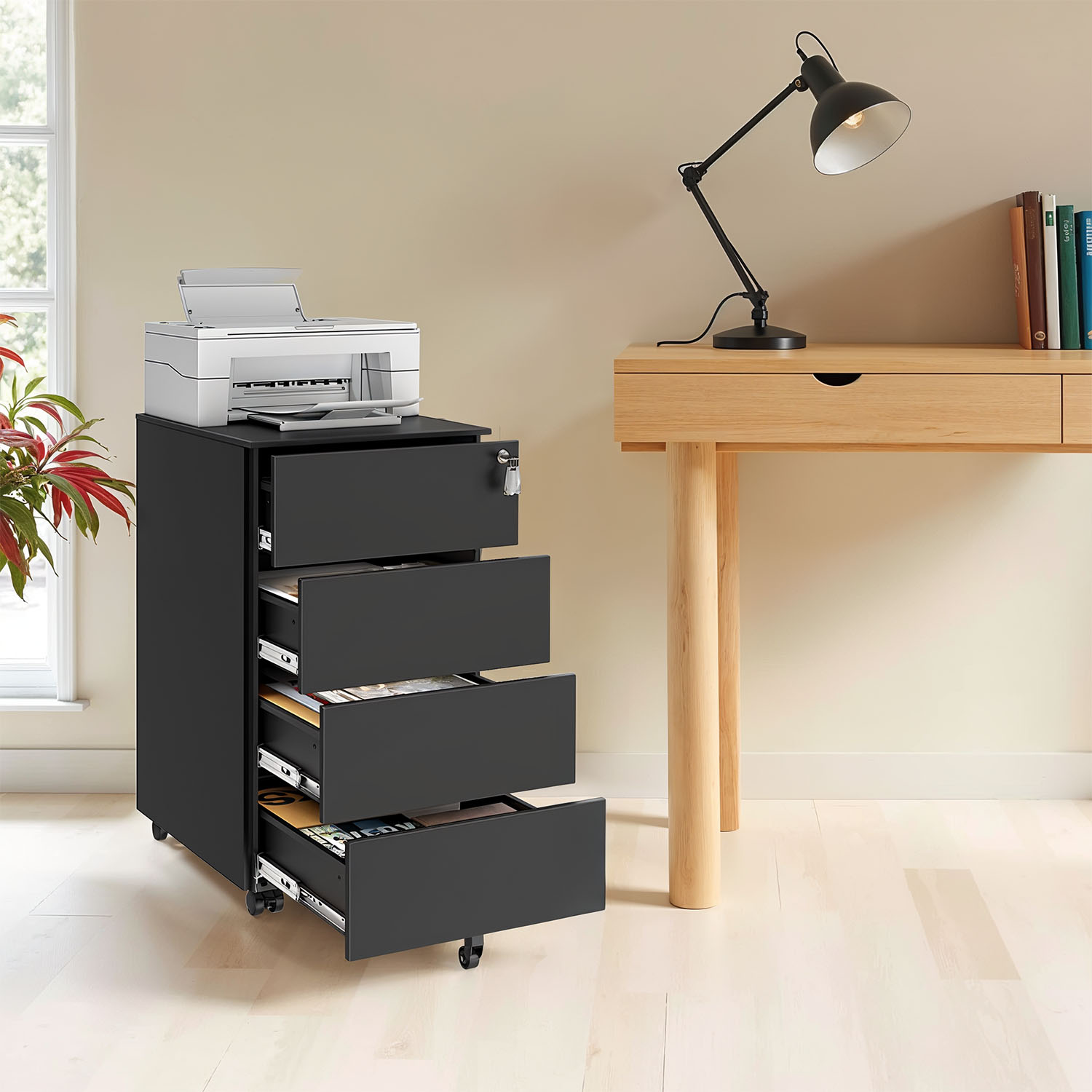 File Cabinet - LUSNA Lockable Mobile 4 Drawer - Black