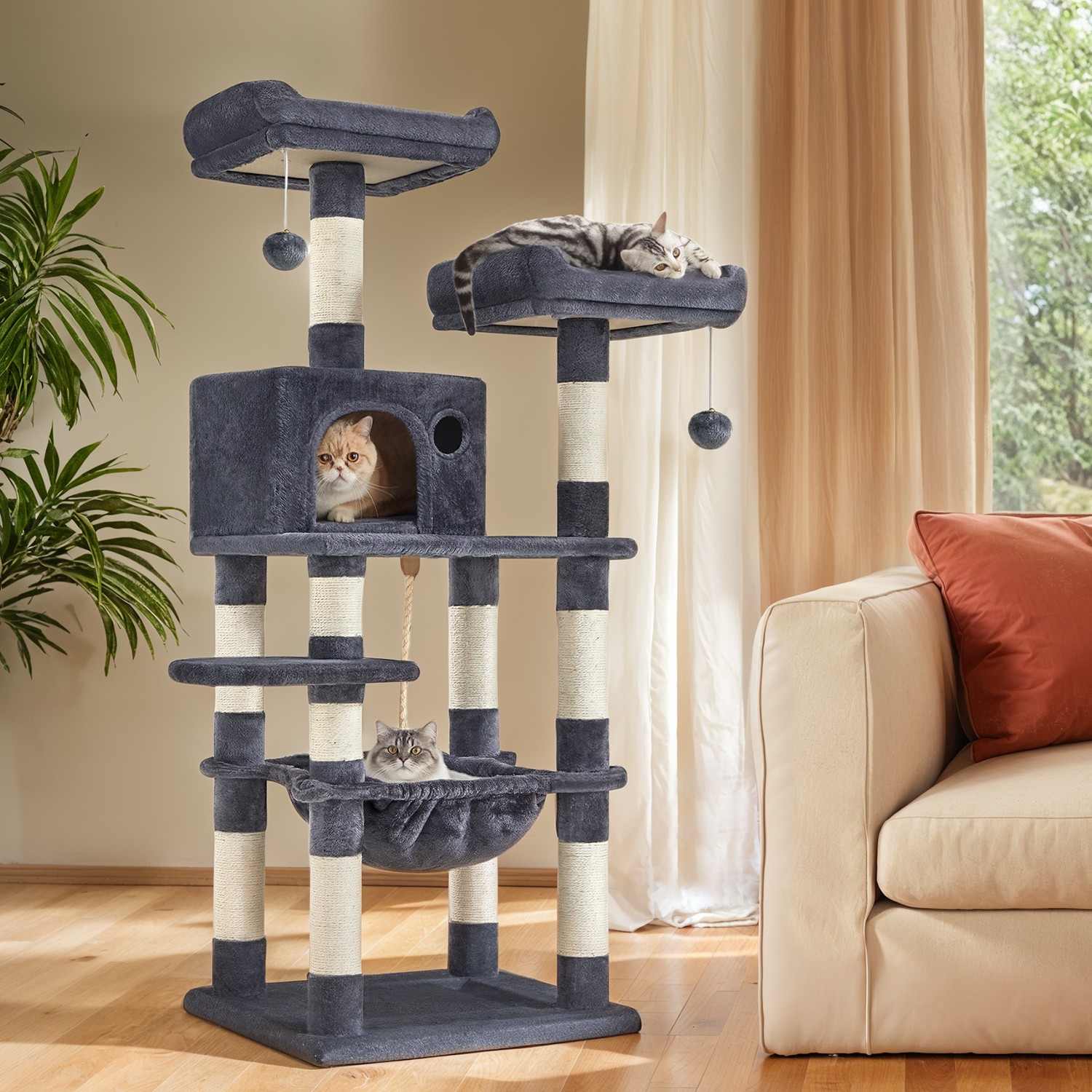Cat Tree - MARRAE Multi Level Condo Tree with 11 Scratching Posts and 2 Perches - Grey