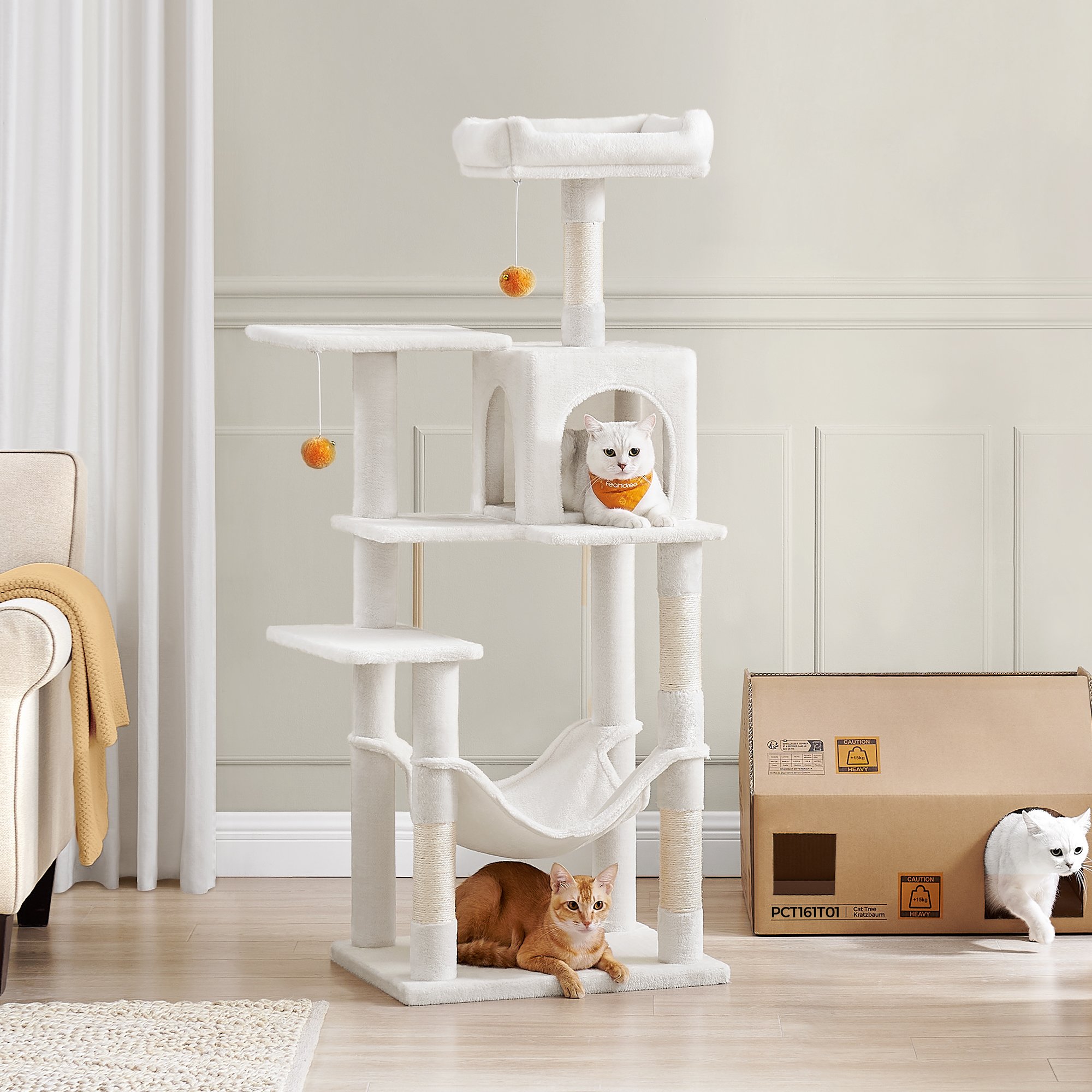 Cat Tree - MARRAE Multi Level Condo with 4 Scratching Posts and 2 Perches - White