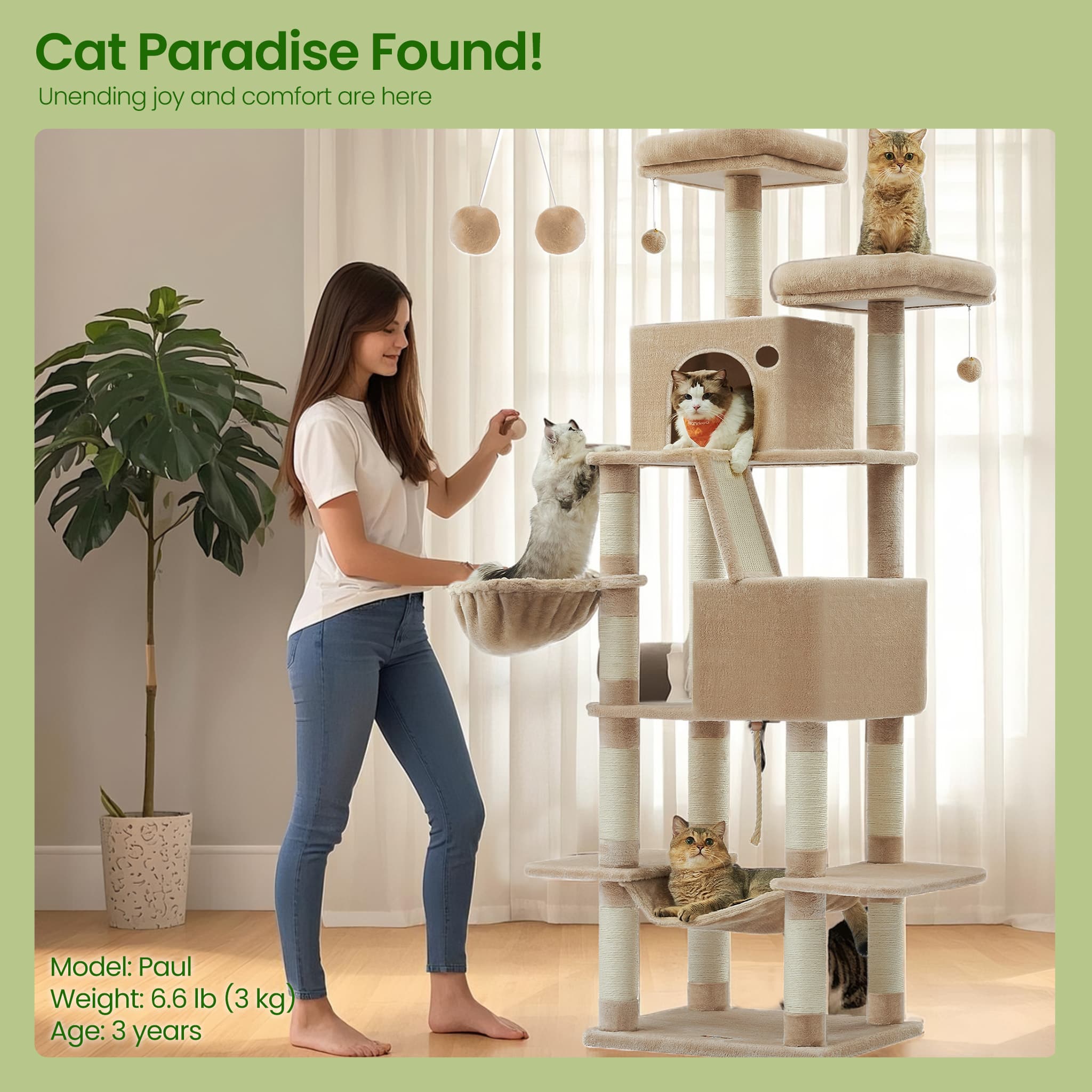 Cat Tree - MARRAE Large Tower Scratching Posts Perches Hammock - Camel Brown