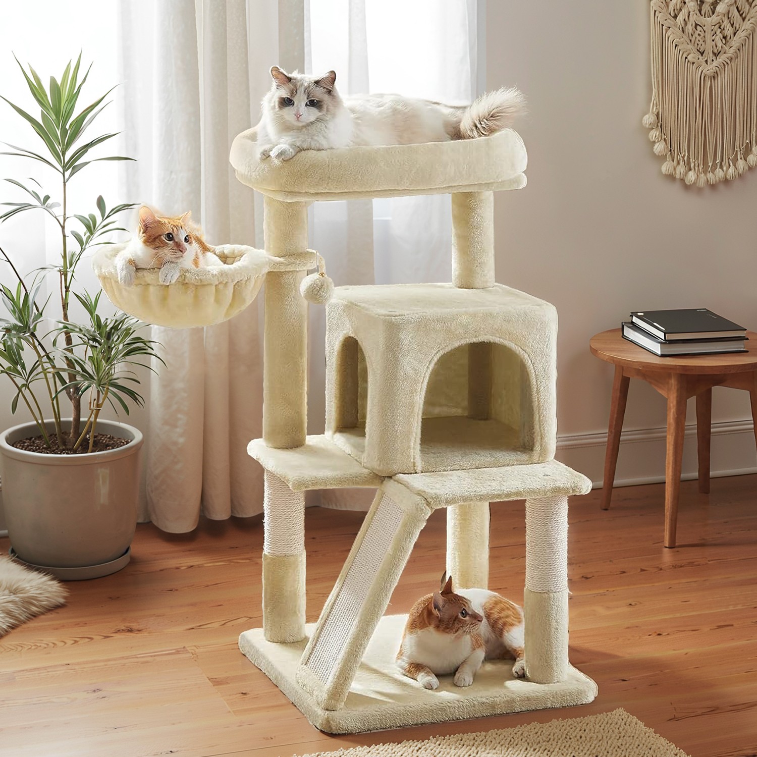 Cat Tree - MARRAE Small Tower with Widened Perch for Large Cats and Kitten - Beige