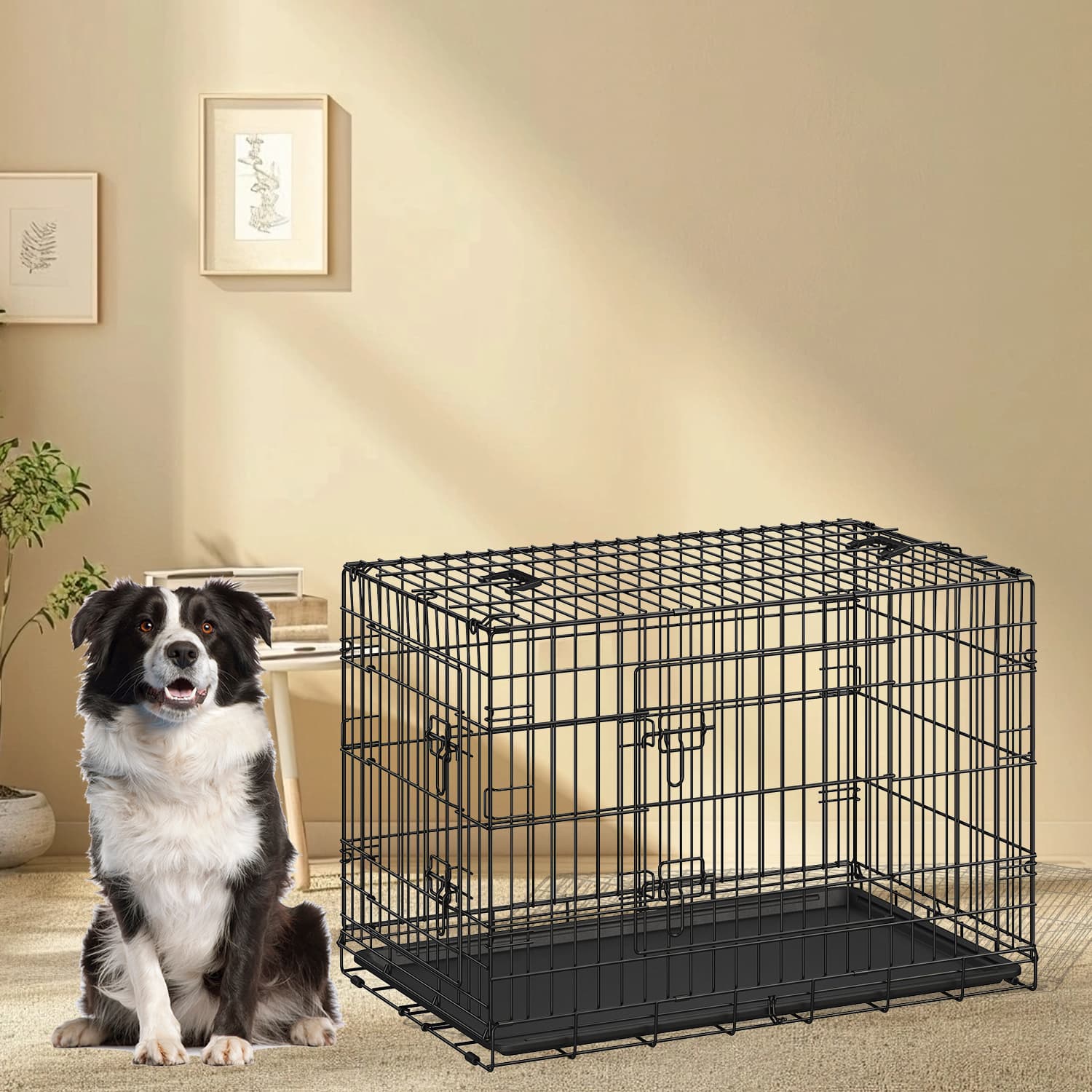 Dog Crate - MARRAE XXL Foldable Metal Kennel with Removable Tray - Black