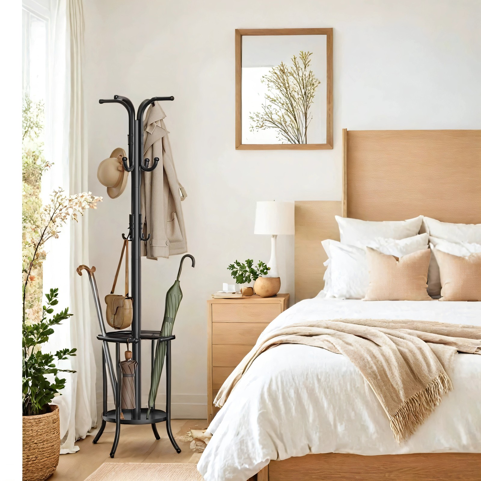 Coat Rack - ZARNIA Freestanding Metal Stand with Umbrella Holder and 12 Hooks - Black