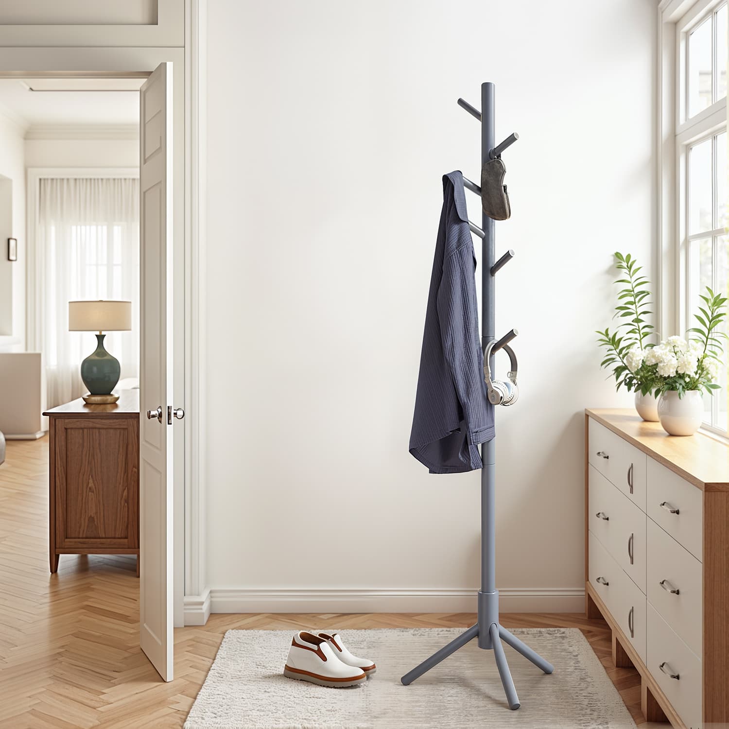 Coat Rack - ZARNIA Solid Wood Coat Rack Grey