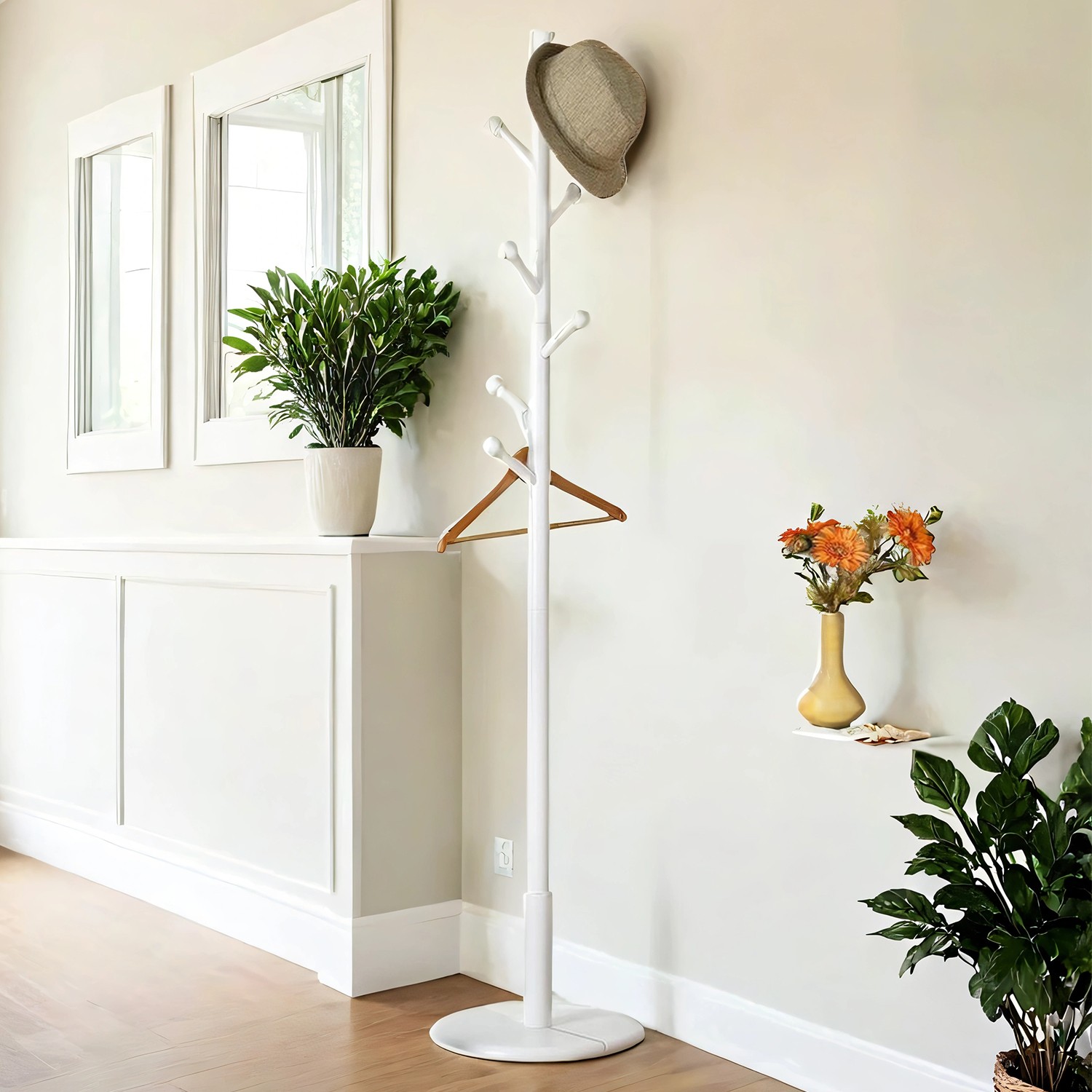 SABYSE Freestanding Solid Wood Coat Rack - White