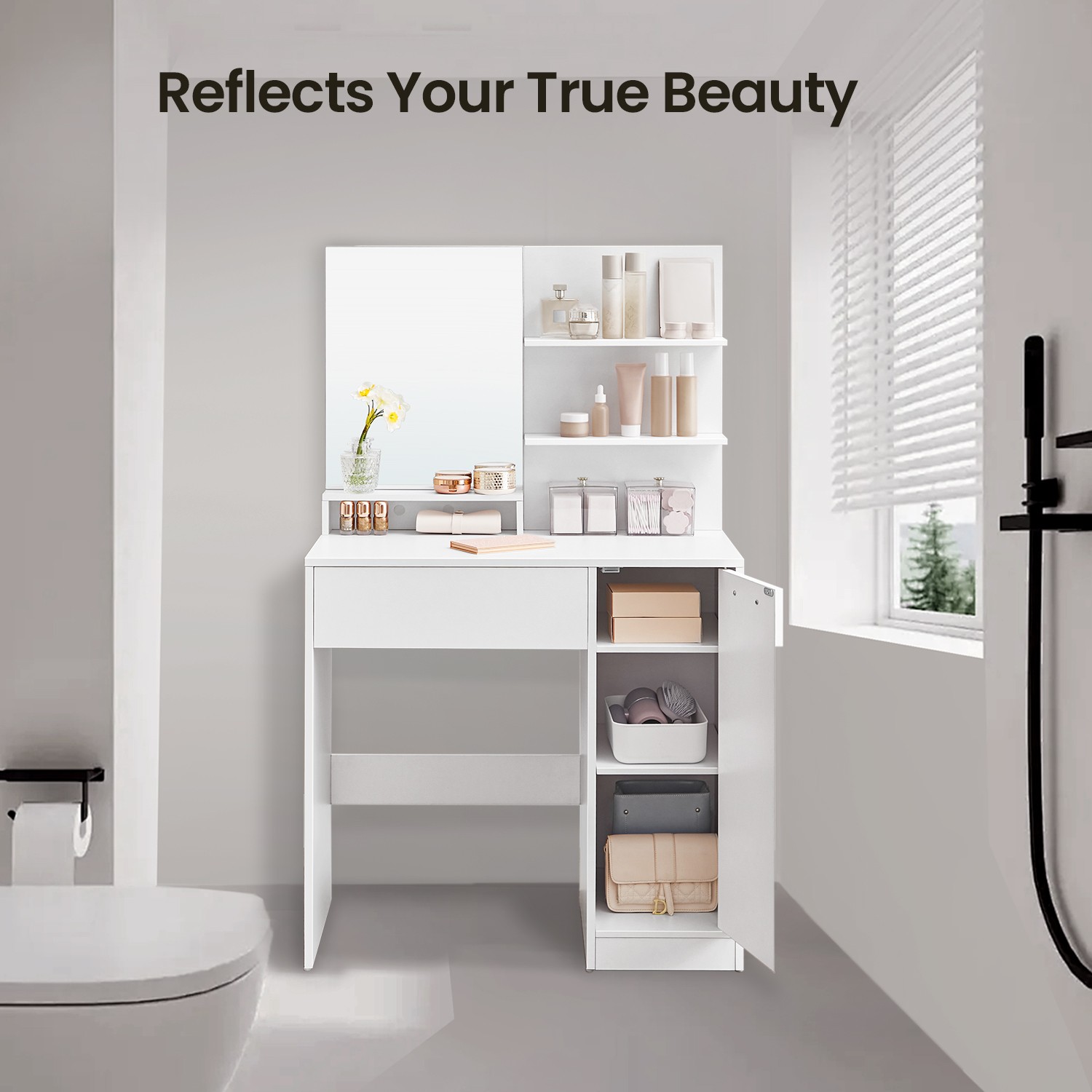 Vanity Table - ZARNIA Dressing Table With Mirror, 1 Drawer and 2 Shelves - White