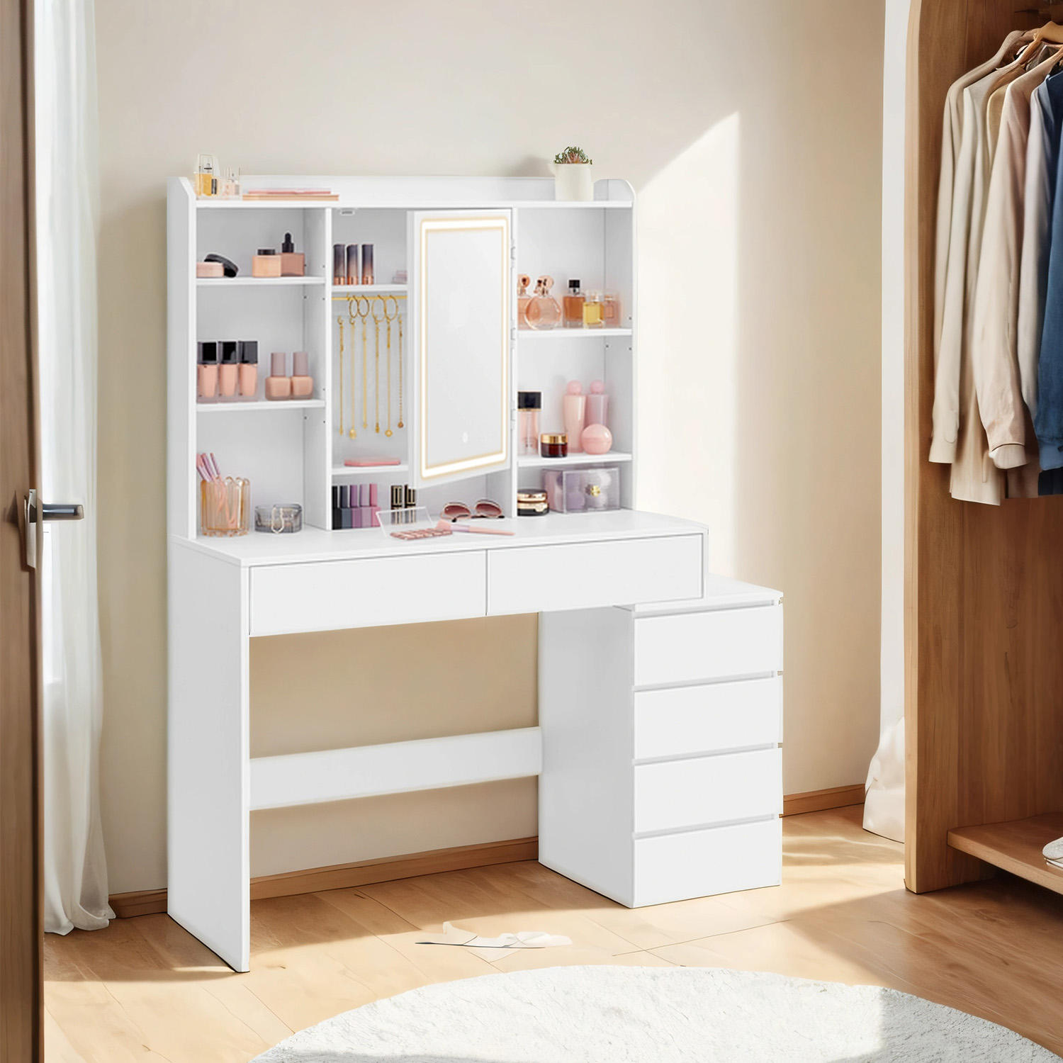Makeup Desk - ZARNIA Modern Vanity with Mirror and LED Lights 118cm - White