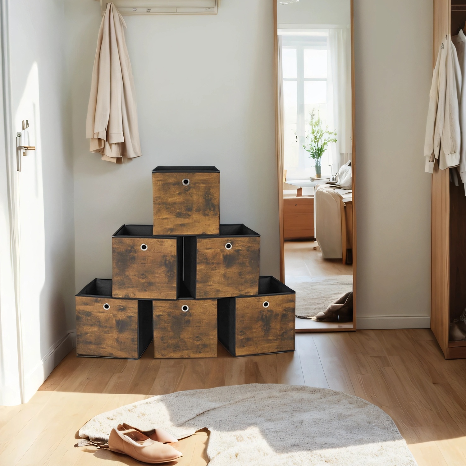 Storage Boxes - ZARNIA Foldable Non Woven Fabric Storage Boxes with Handles - Rustic Brown