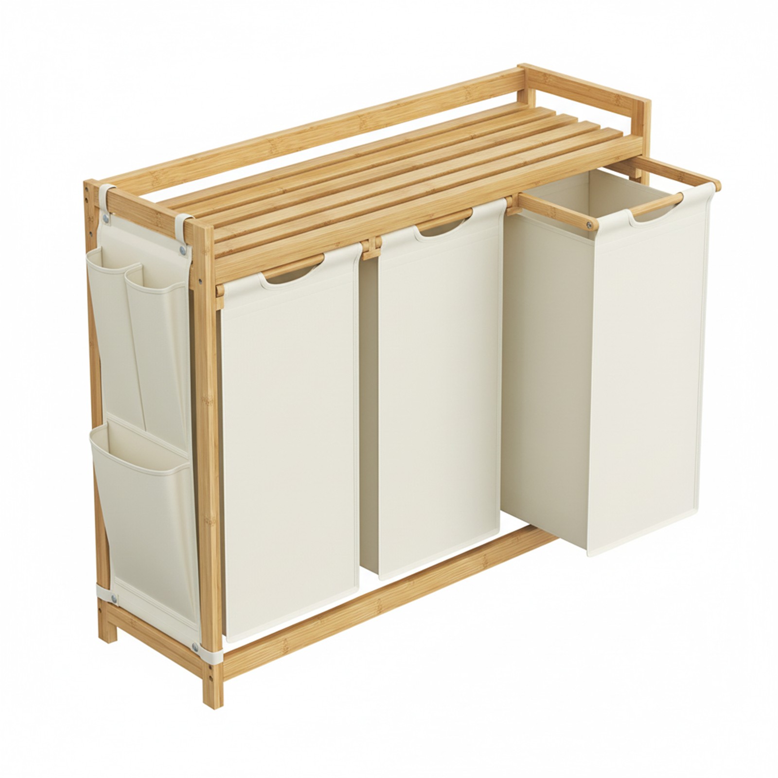 ELMWOODEN 3 Section Laundry Basket with Large 150 L Hamper and Side Pockets - Light Oak and White