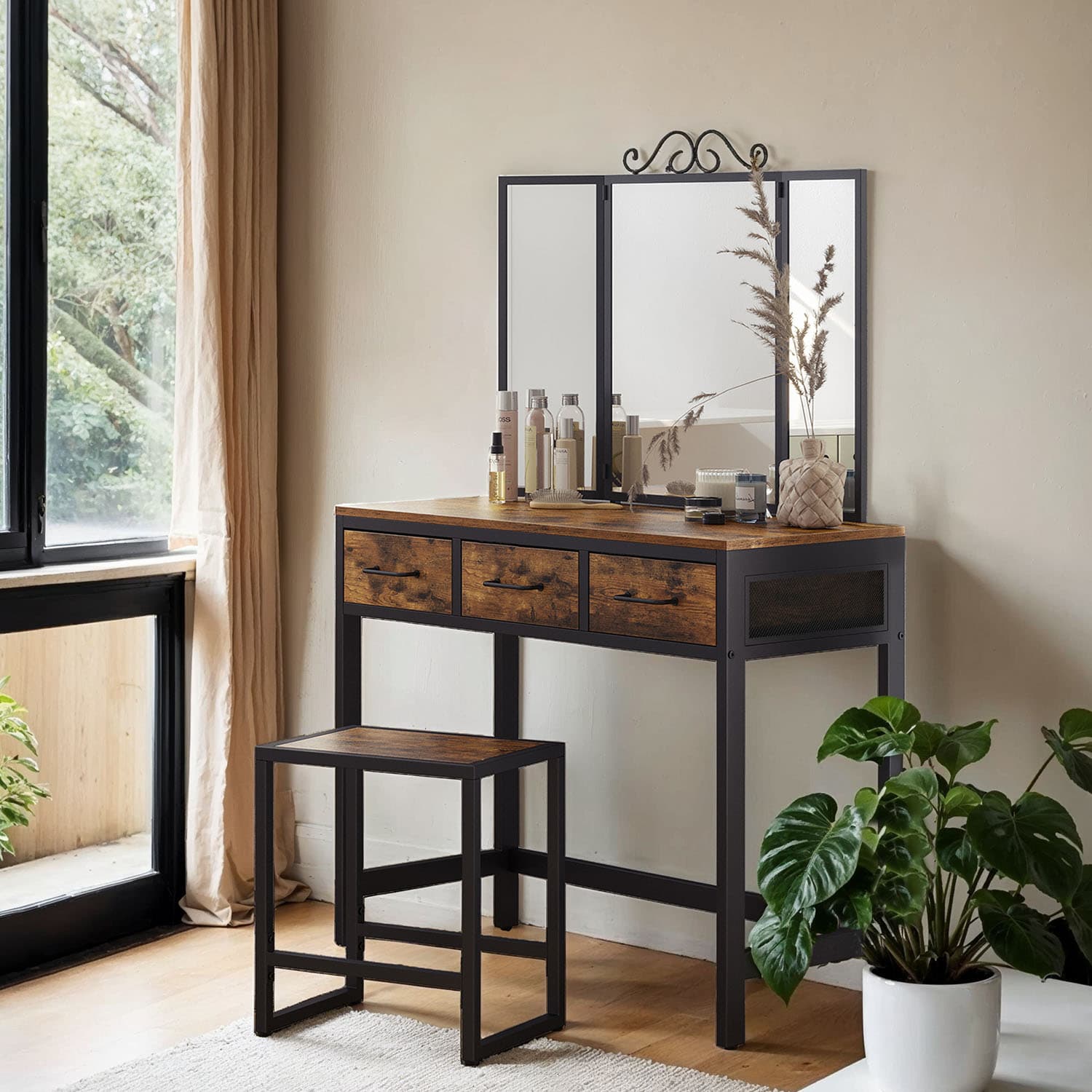 Dressing Table - ZARNIA Table with Stool Set Tri-Fold Mirror 3 Drawer Vanity - White