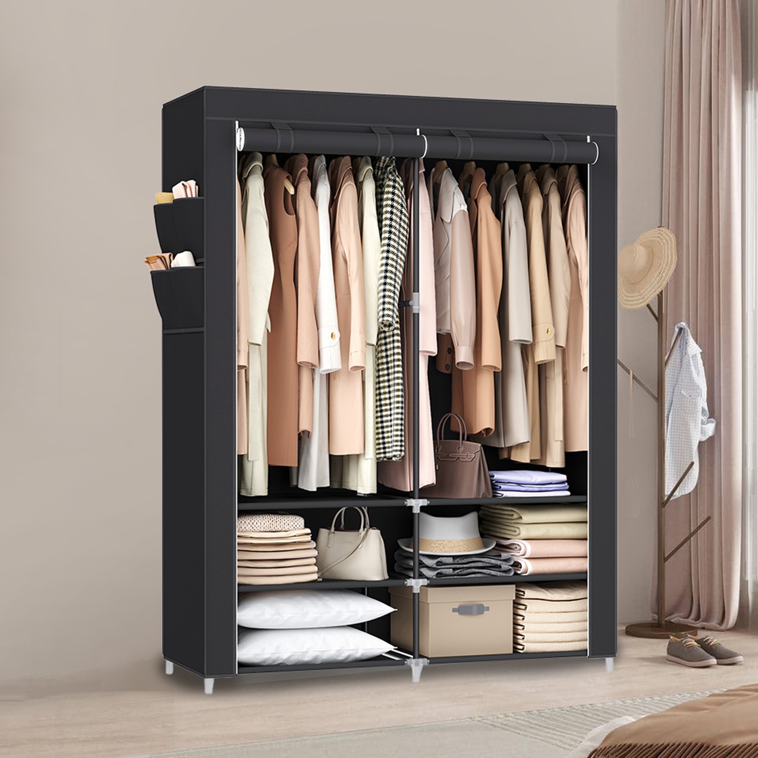 Clothes Wardrobe - ZARNIA Portable Closet with 2 Hanging Rails - Black