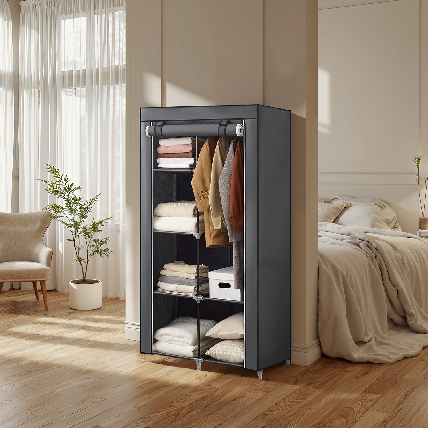 Closet Organizer - ZARNIA Portable Non Woven Cover Rods Shelves - Dark Grey