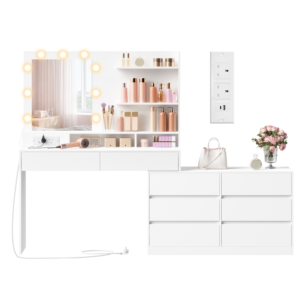 NOVIBU Dressing Table with LED Mirror and Double Dresser - Cloud White