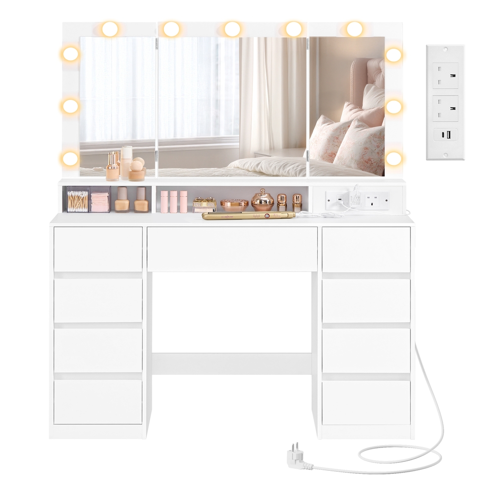 NOVIBU Dressing Table with Tri-Fold Mirror - Cloud White