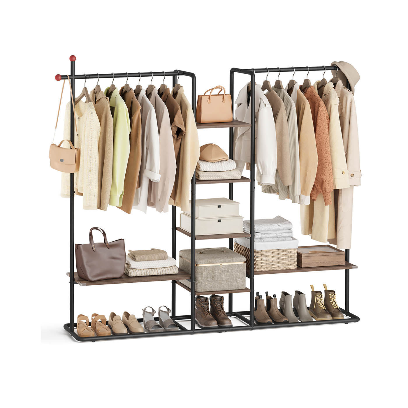 Clothes Rail - ASTLIA 6 Storage Shelves and 2 Hanging Rails - Natural Walnut and Black
