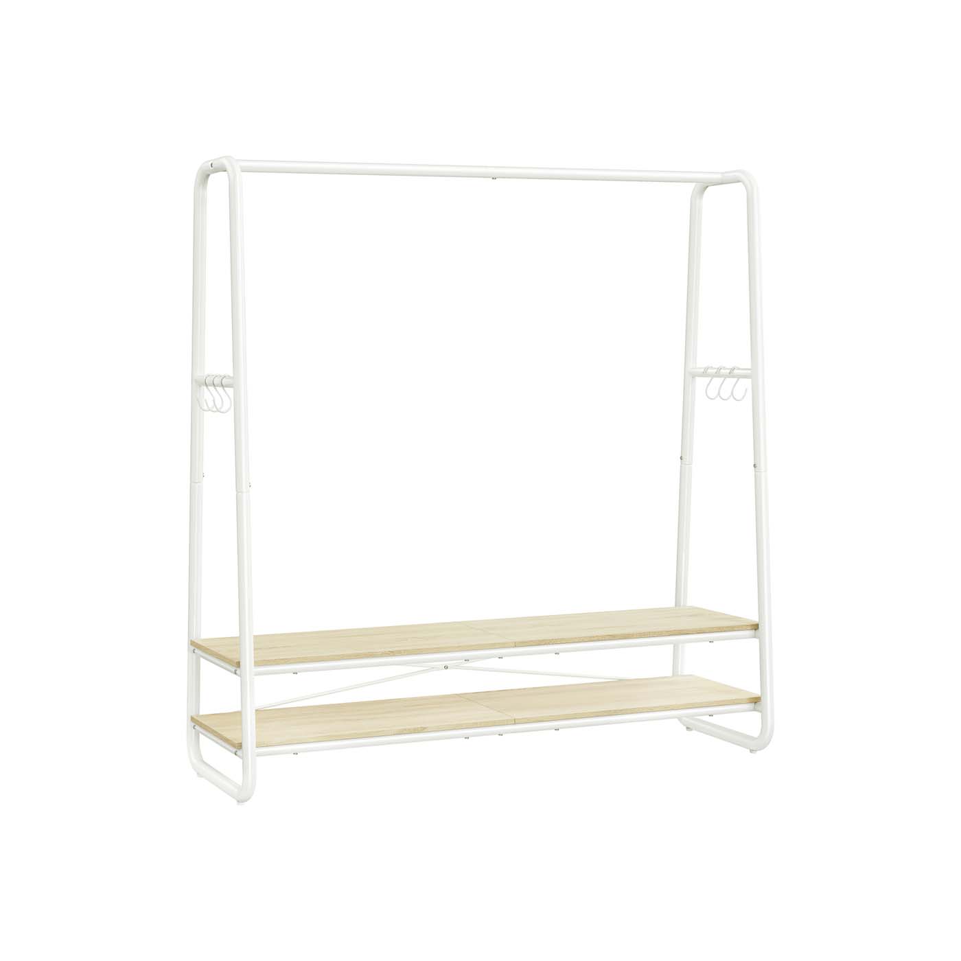 Clothes Rail - VIVRO Steel Clothes Rack with Two Wooden Shelves - Beige and White