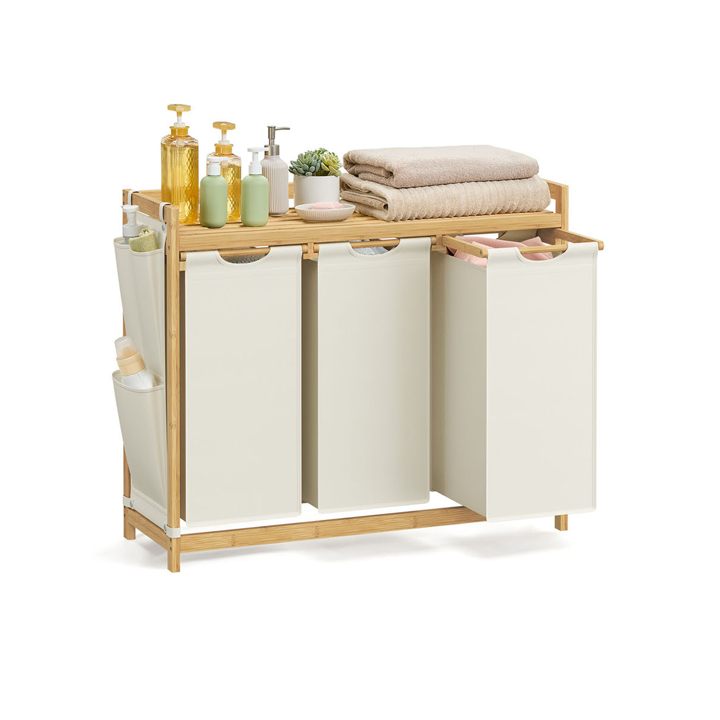 Laundry Basket - AVONA 3 Compartments 150L with Shelf and Pocket - White