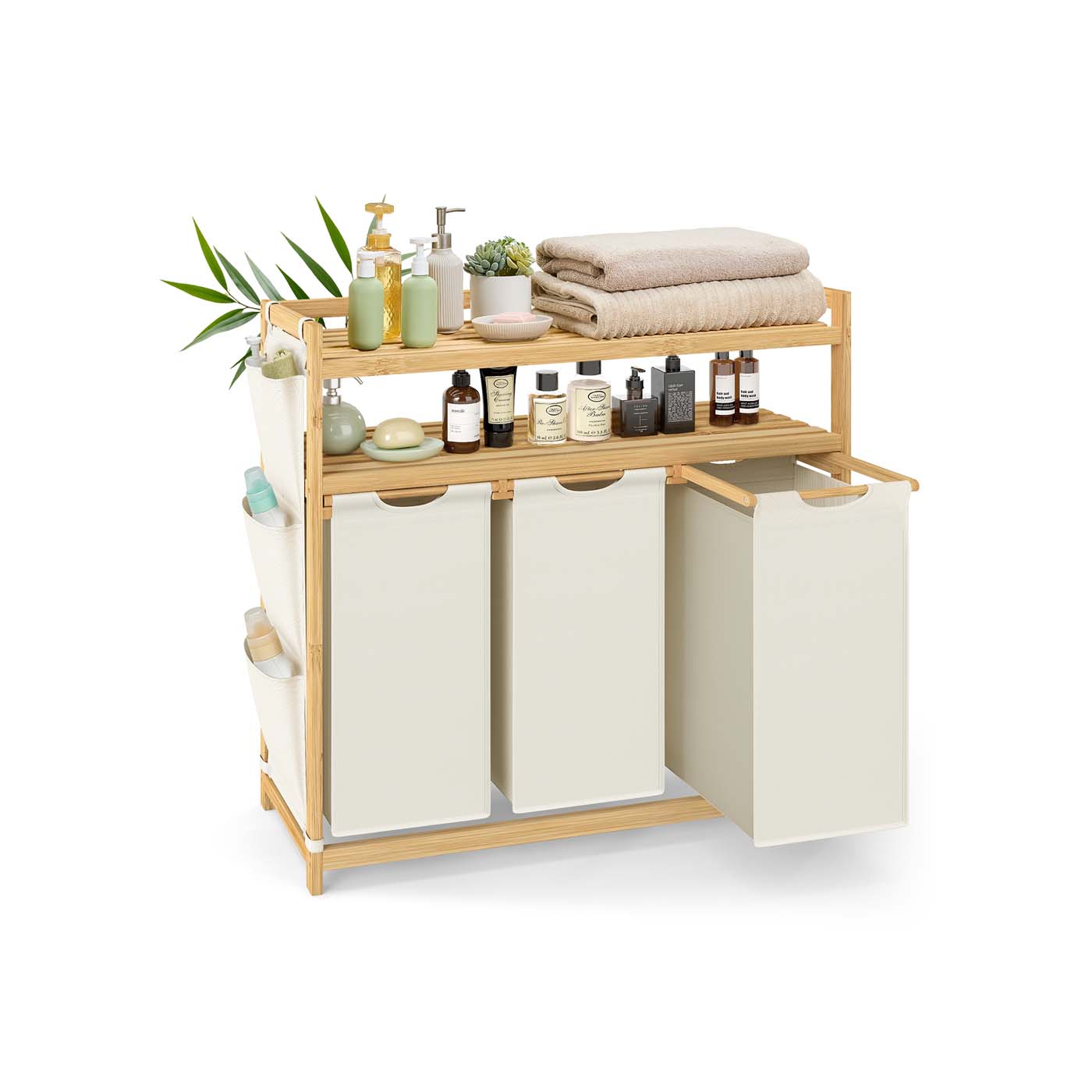 MERRISHORE 150L Laundry Basket with Multiple Compartments Shelf and Side Pockets - White