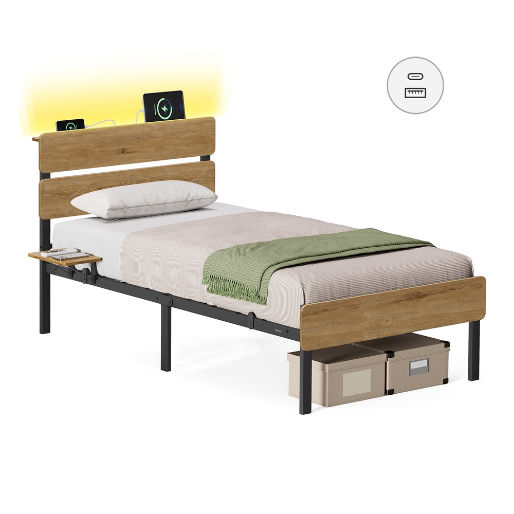 SIVURO Single Metal Bed Frame with LED Lights and Storage - Natural Brown - 90 x 190 cm