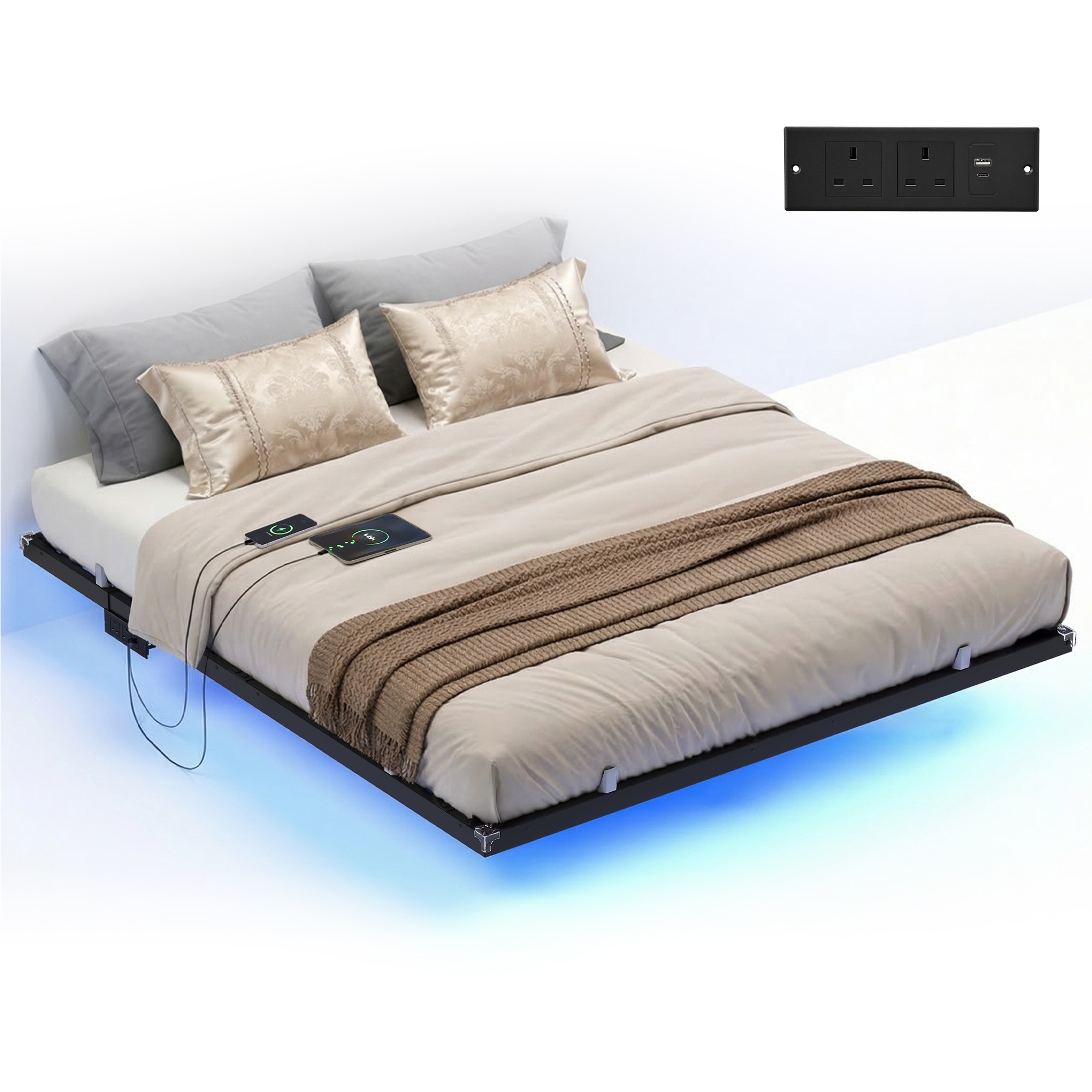 STMYLY King Size Floating Bed Frame with LED Lights - Matte Black