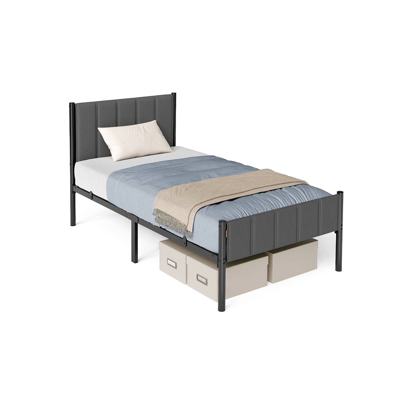 Bed Frame - ASTTA Metal Single Bed with Upholstered Headboard - Dove Grey