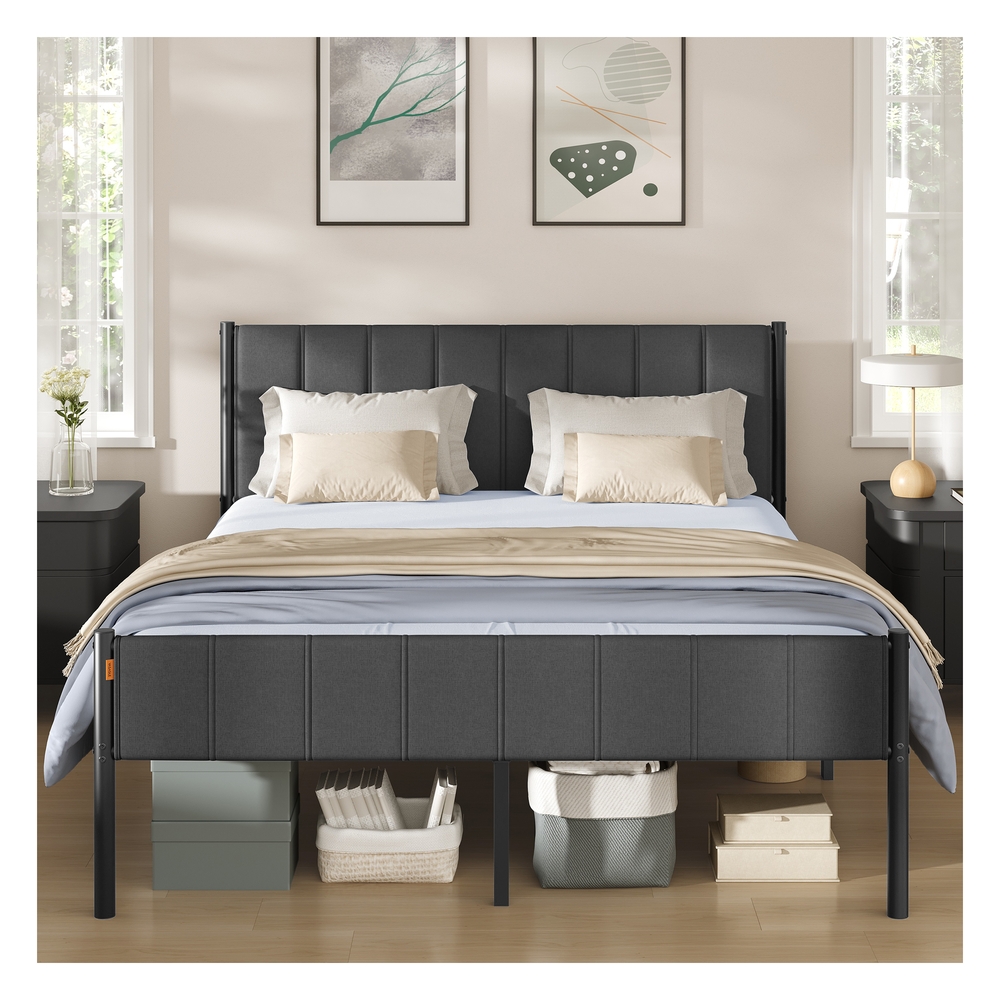 STVYPU King Size Metal Bed Frame with Upholstered Headboard - Slate Grey
