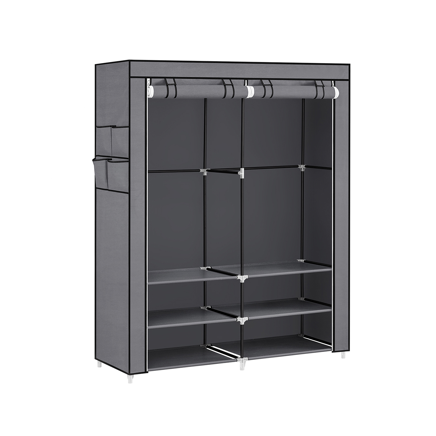 Clothes Wardrobe, Portable Closet, 45 x 127 x 176 cm, 2 Hanging Rails, Shelves, and 4 Side Pockets, Large Capacity for Bedroom, Living Room, Grey 