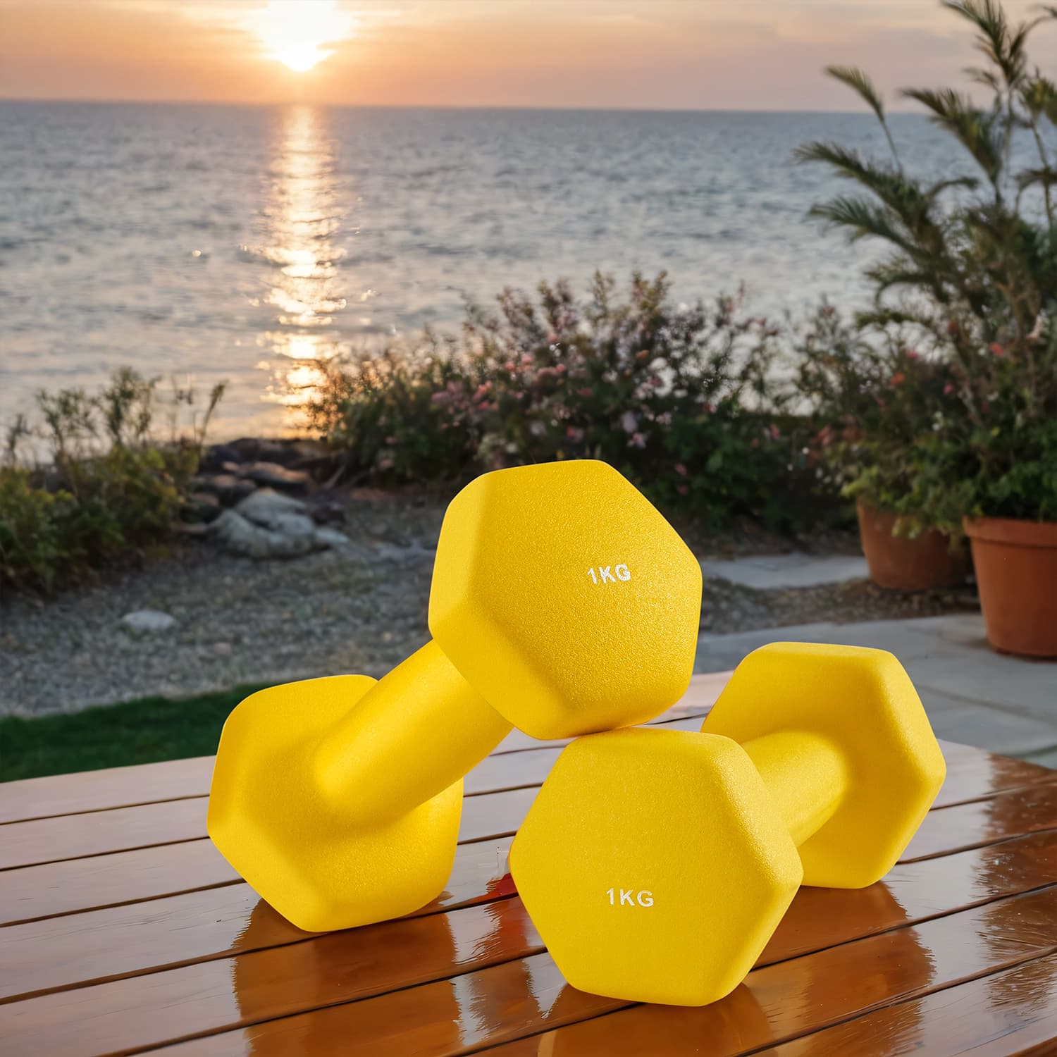 Dumbbells - LUSNOS Set of 2 Neoprene Hex Dumbbells - 1kg Each with Bar - Yellow