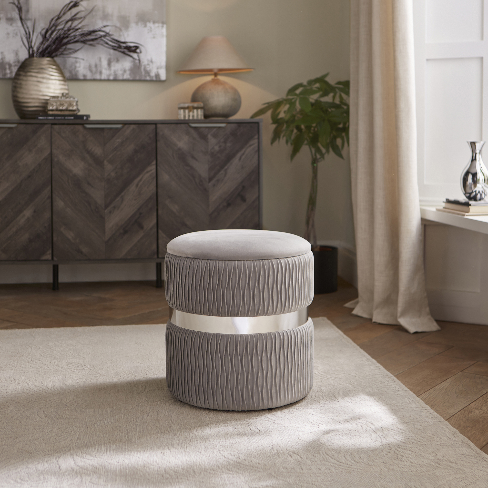 EVERLY Soft Velvet Ottoman Storage Stool - Grey