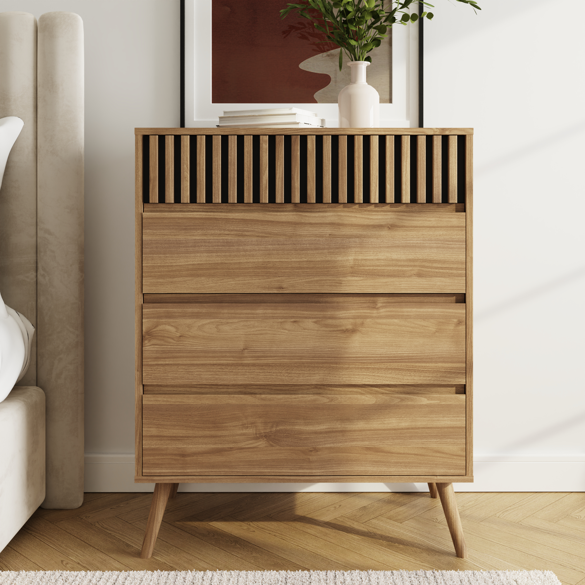 ROANELL Oak Finish Chest of Drawers - Medium-sized, 3 Drawers