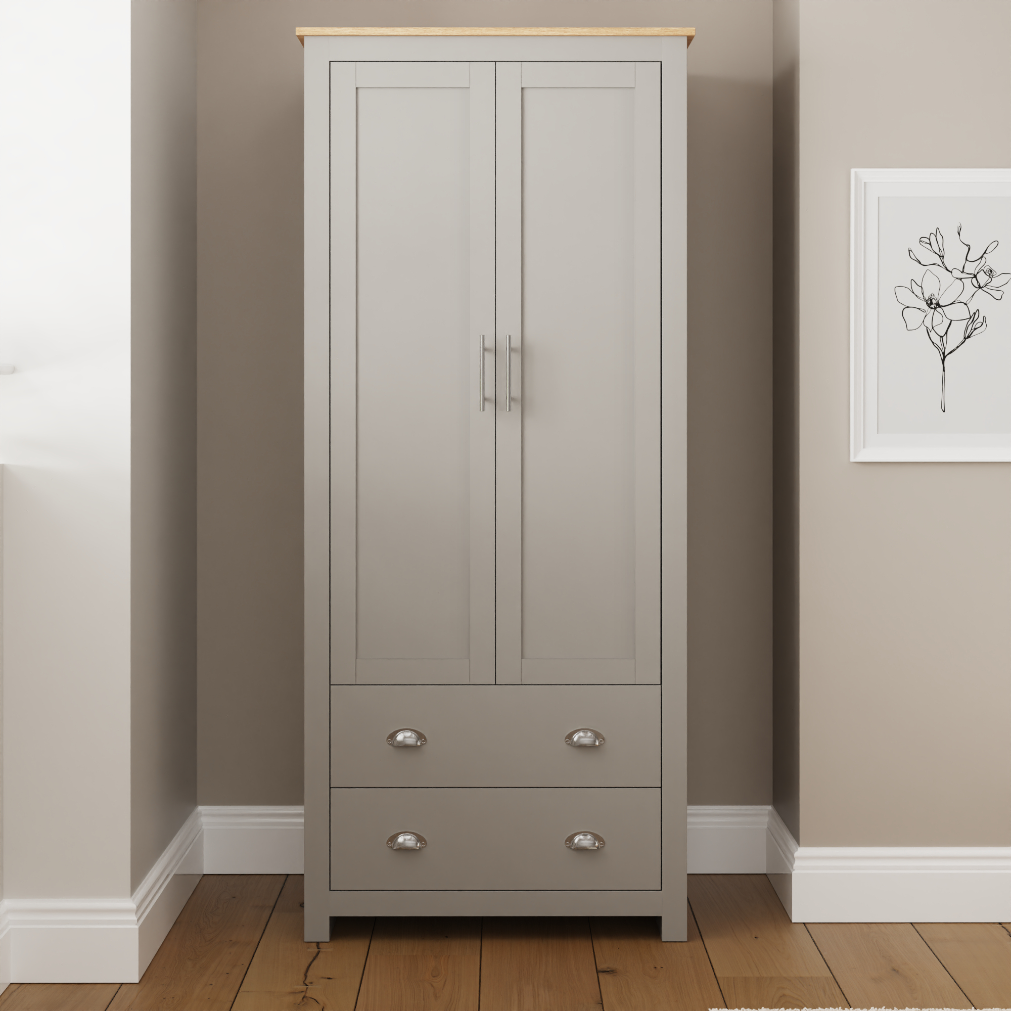 LANCASTER 2 Door Wardrobe with 2 Drawers Grey - 79cm