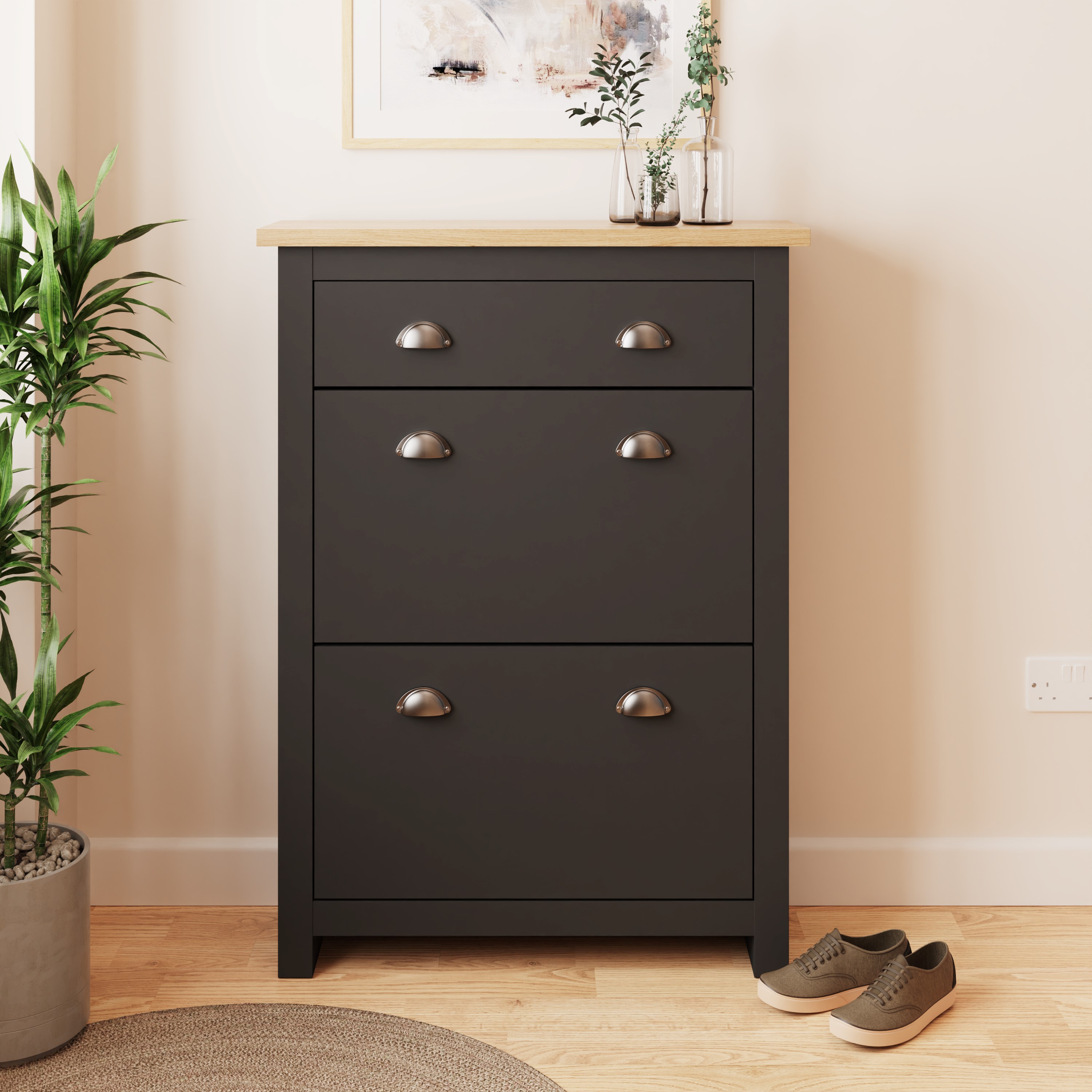 LANCASTER Black Shoe Cabinet - Large-sized, 2 Door, 1 Drawer, 12 Pair Storage