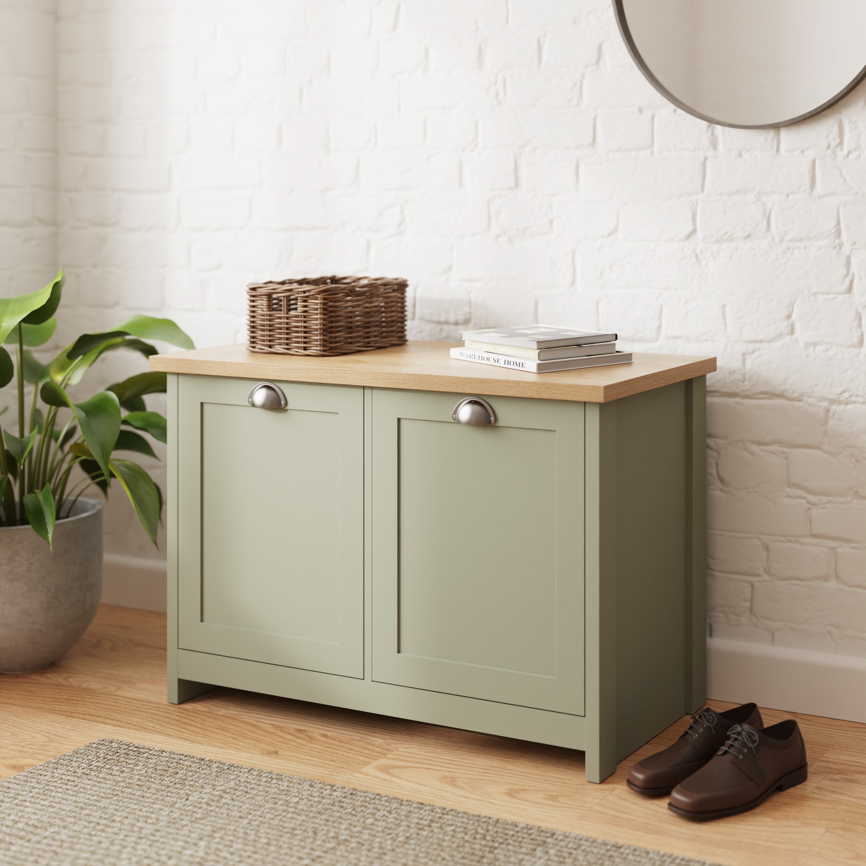 Shoes Cabinet - Antony Shoe Storage with Two Door Sage Green and Oak