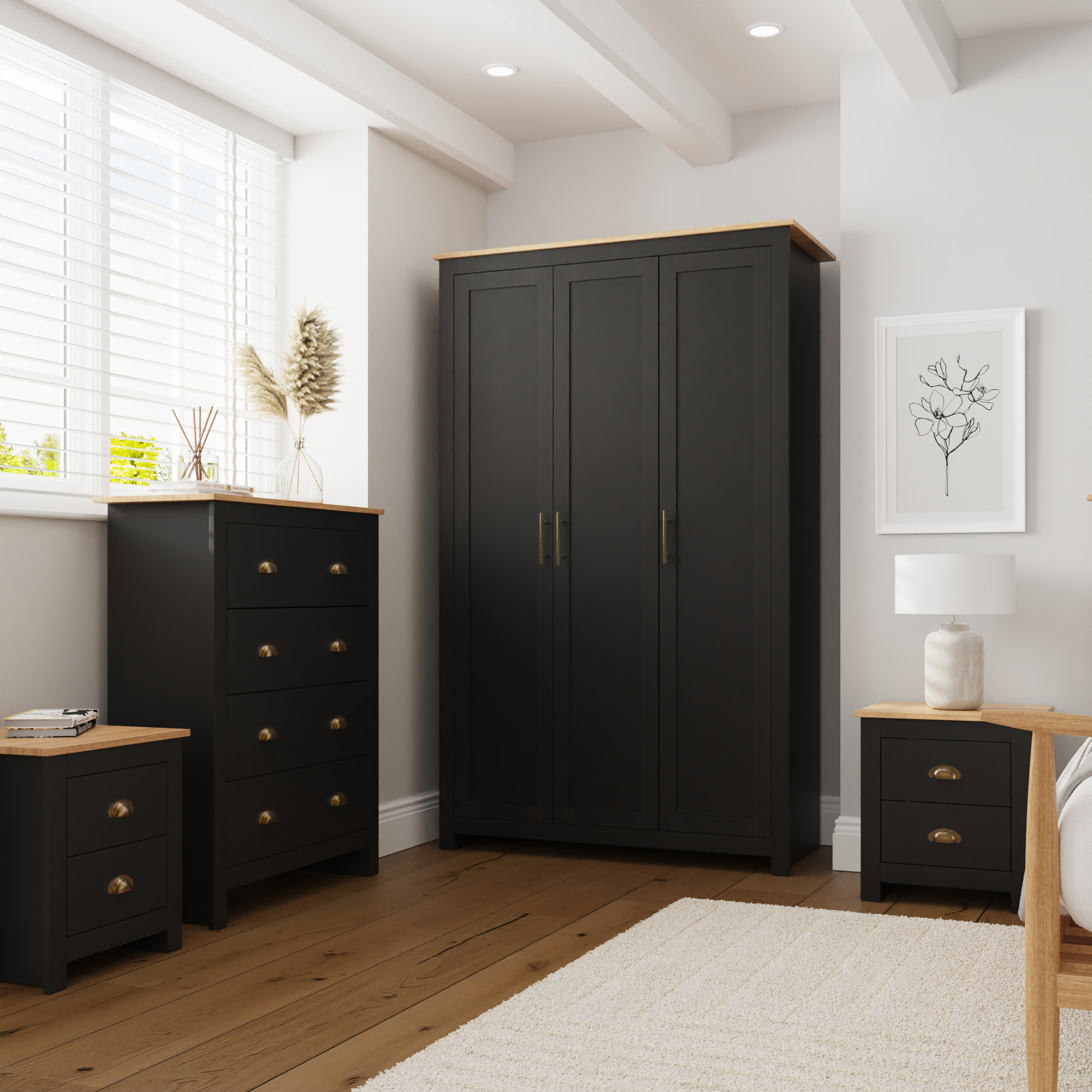 LANCASTER 3 Door Wardrobe Set 4 Piece - Matt Black