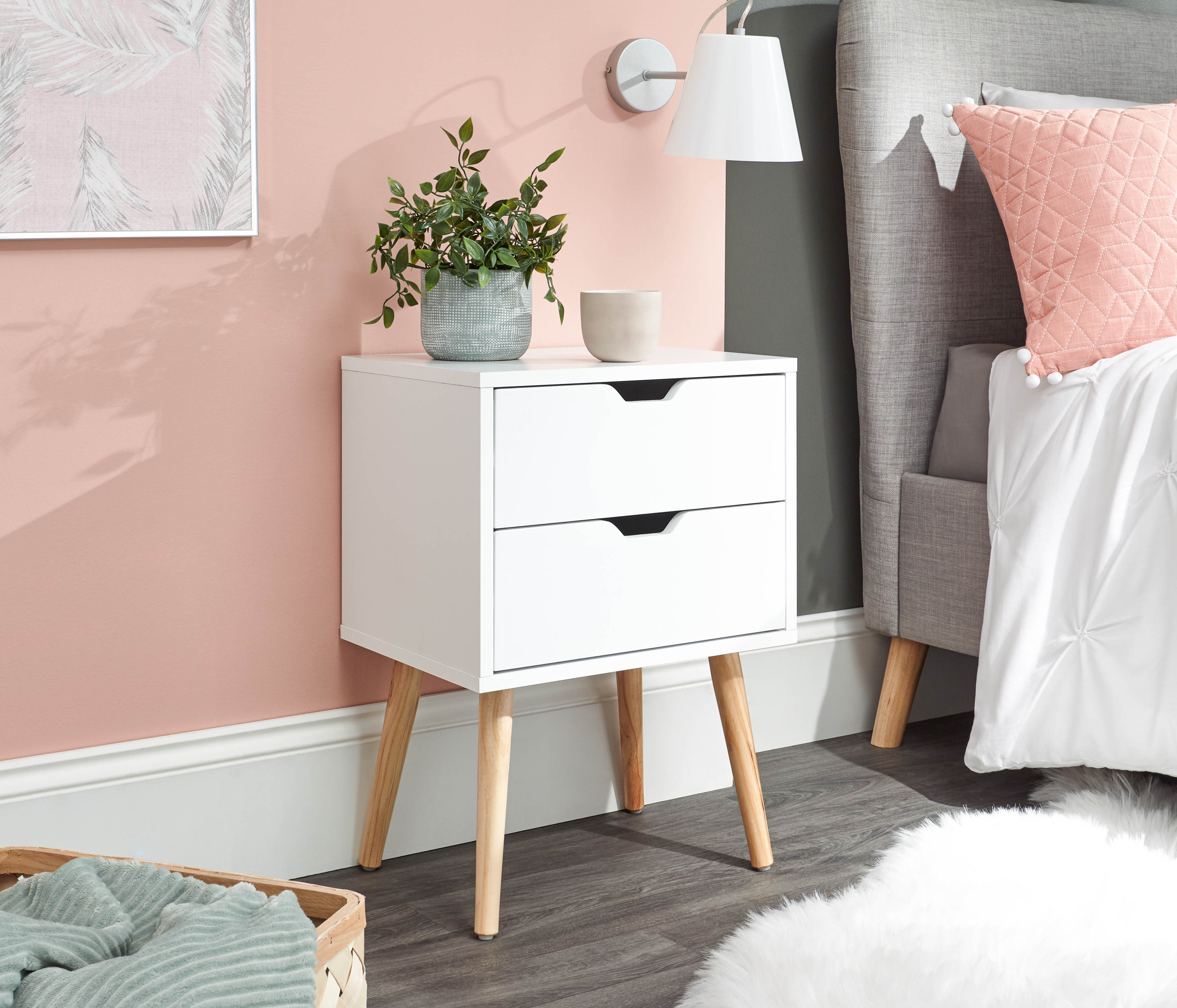 Bedside Table - NYBORG 2 Drawer Nightstand White 40cm