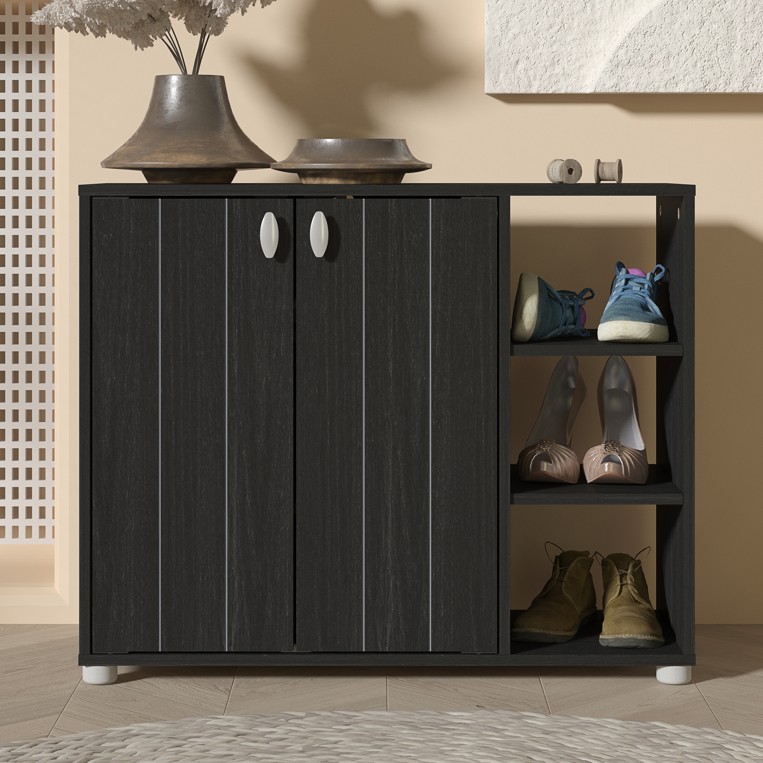 Shoes Cabinet - Siddley Shoe Cabinet with Two Doors and Open Shelves Rustic Black and Oak
